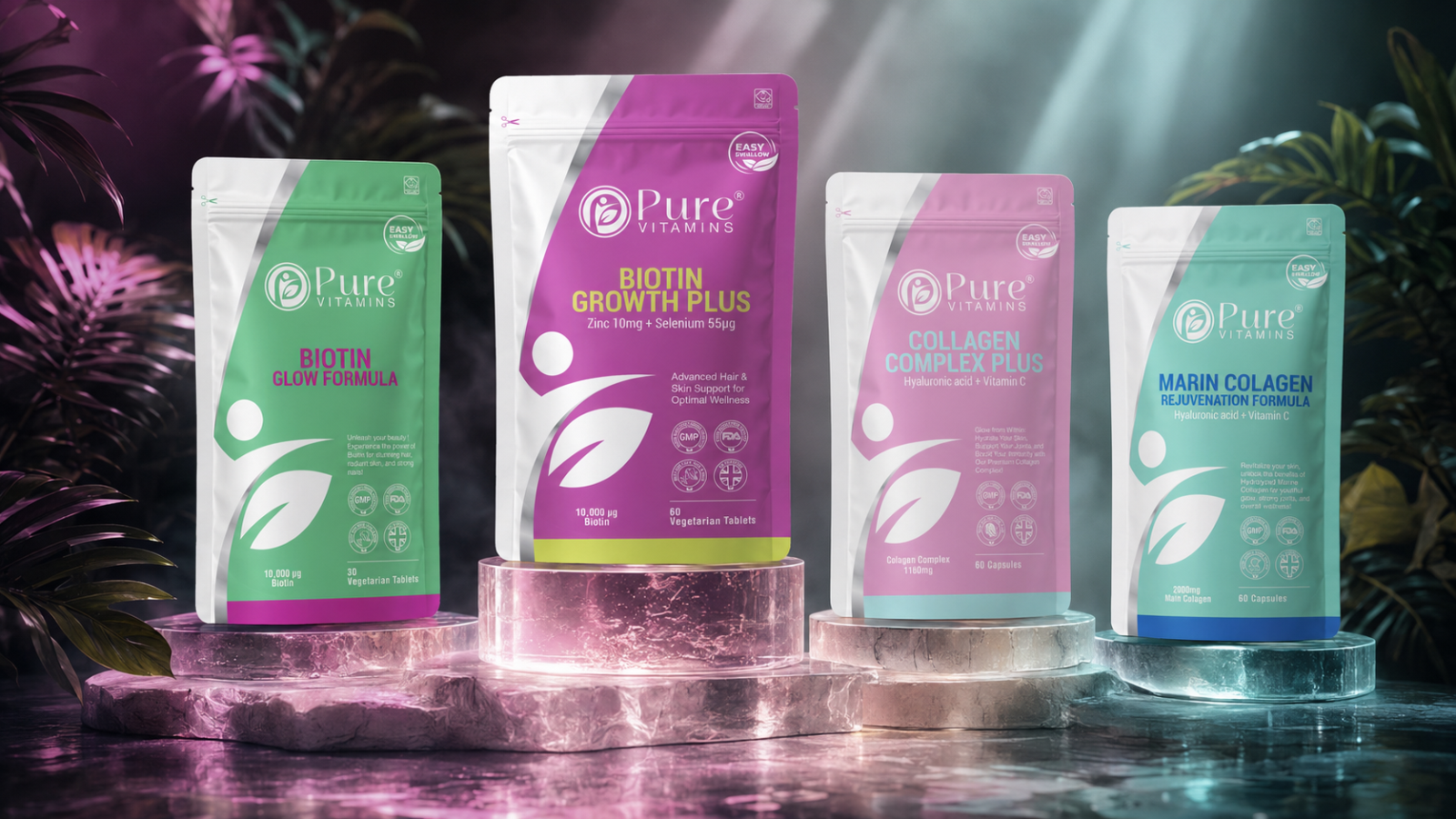 Hair Skin Nails Bundle with Biotin Zinc Selenium Marine Bovine Collagen supplements from Pure Vitamins UK