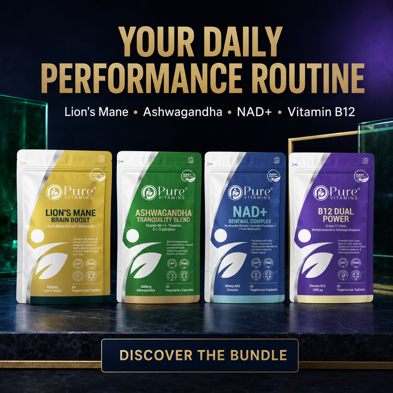 Energy & Focus Bundle supplement pack with Lion's Mane, Ashwagandha, NAD+, and Vitamin B12 bottles from Pure Vitamins UK
