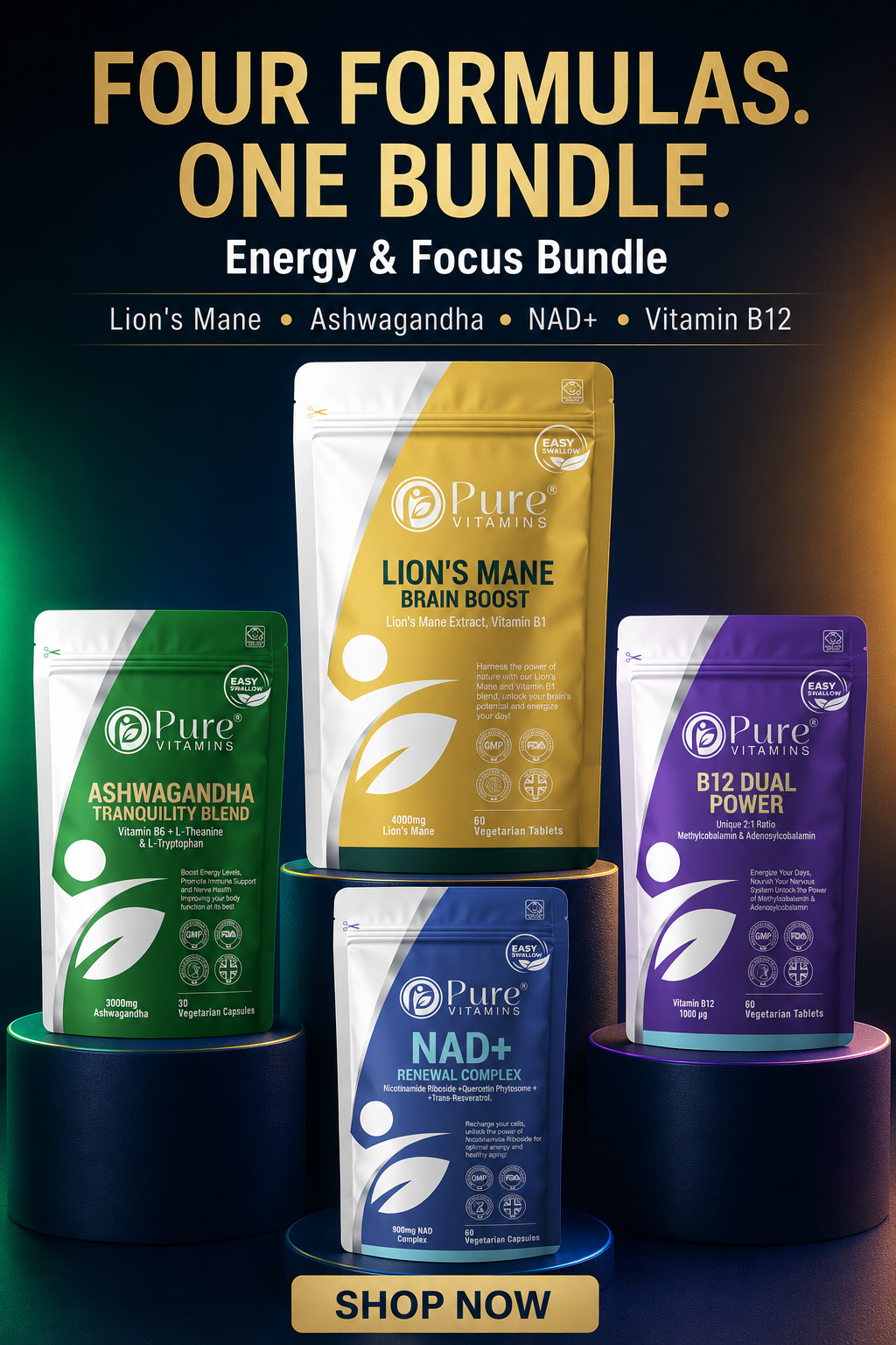 Energy & Focus Bundle with Lion's Mane, Ashwagandha, NAD+ and B12 supplements from Pure Vitamins UK