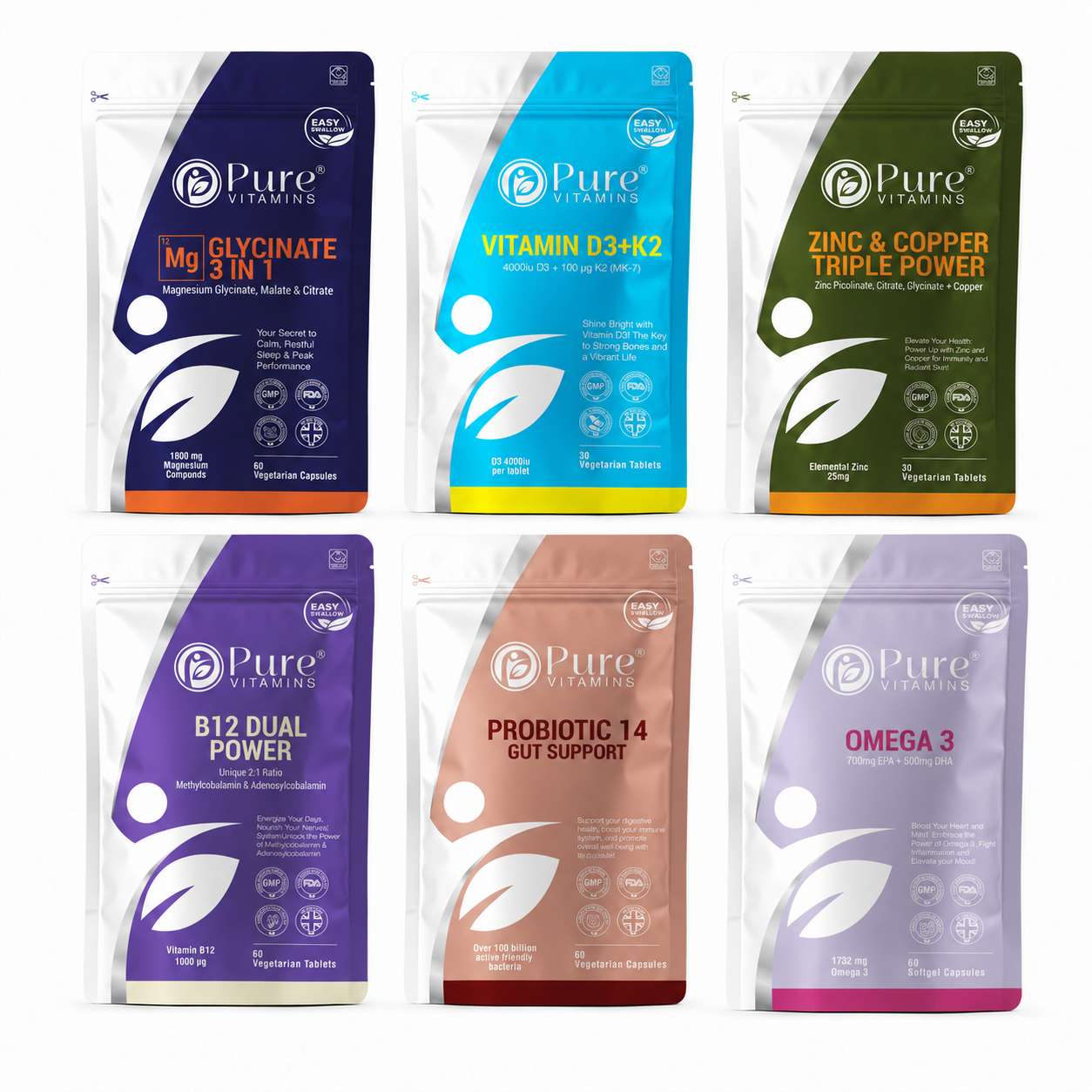 Complete Daily Bundle six essential Pure Vitamins supplements pack for UK diet nutrient support