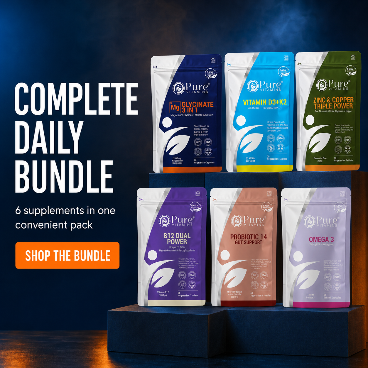 Complete Daily Bundle six essential Pure Vitamins supplements pack for immune and bone support UK