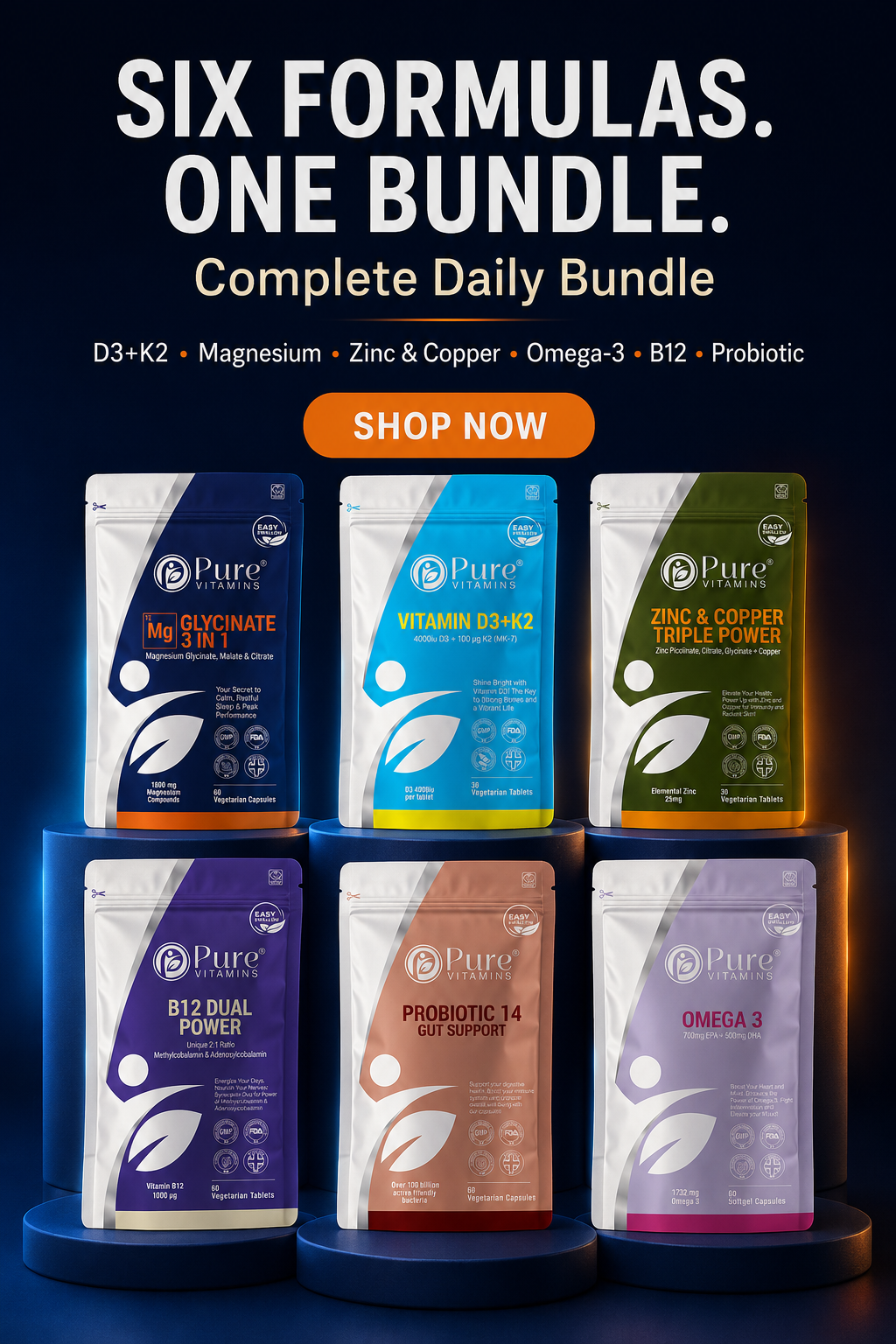 Complete Daily Bundle supplement pack with six essential vitamins and minerals from Pure Vitamins UK