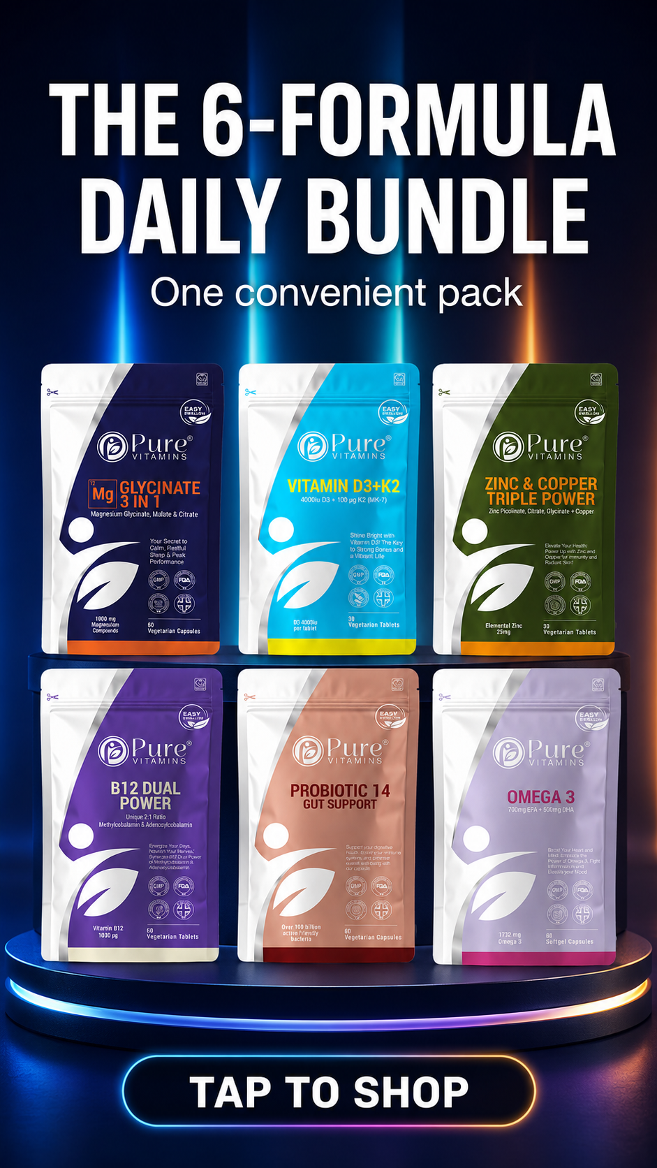 Complete Daily Bundle supplement pack with six essential vitamins and minerals by Pure Vitamins UK
