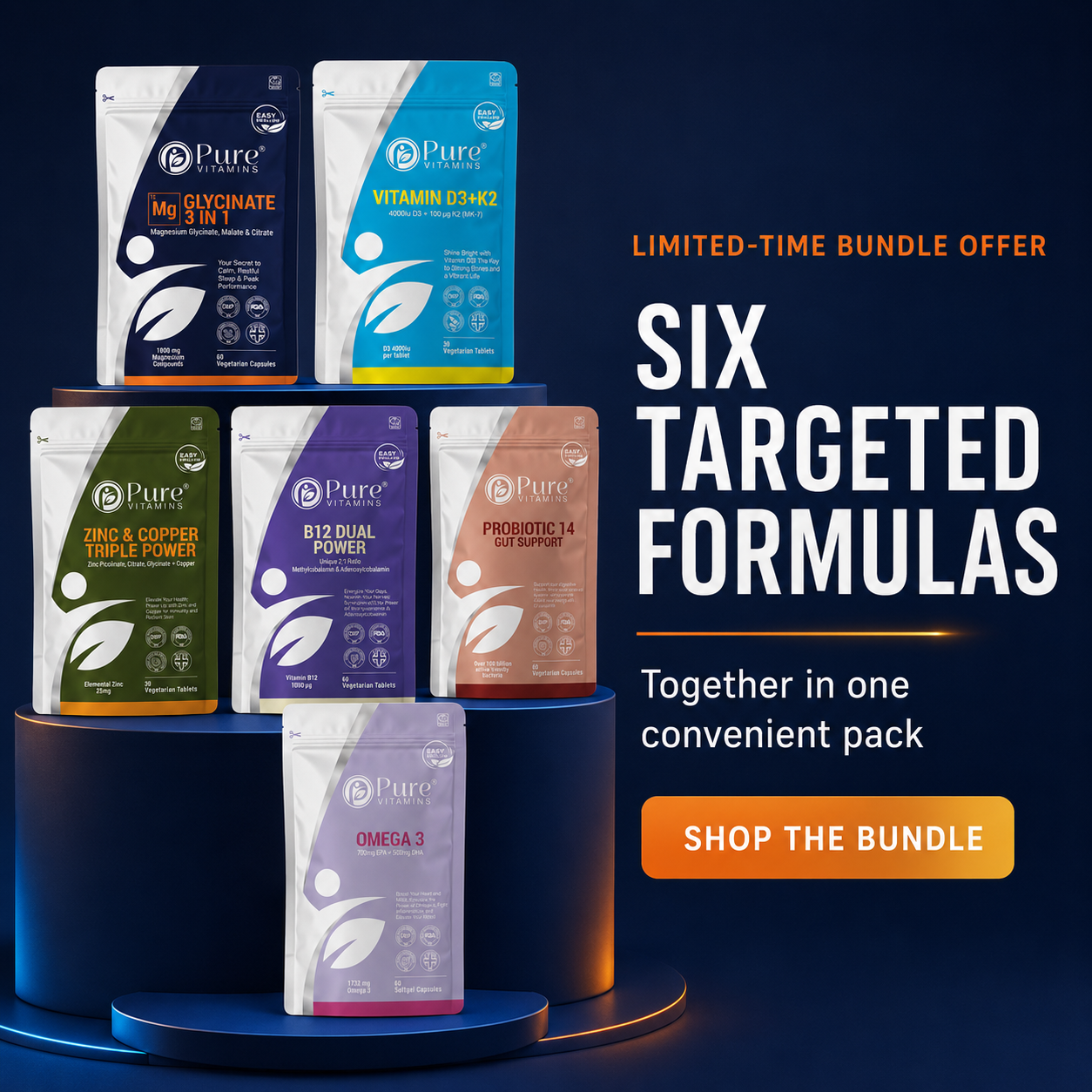 Complete Daily Bundle supplement pack with six essential vitamins and minerals from Pure Vitamins UK