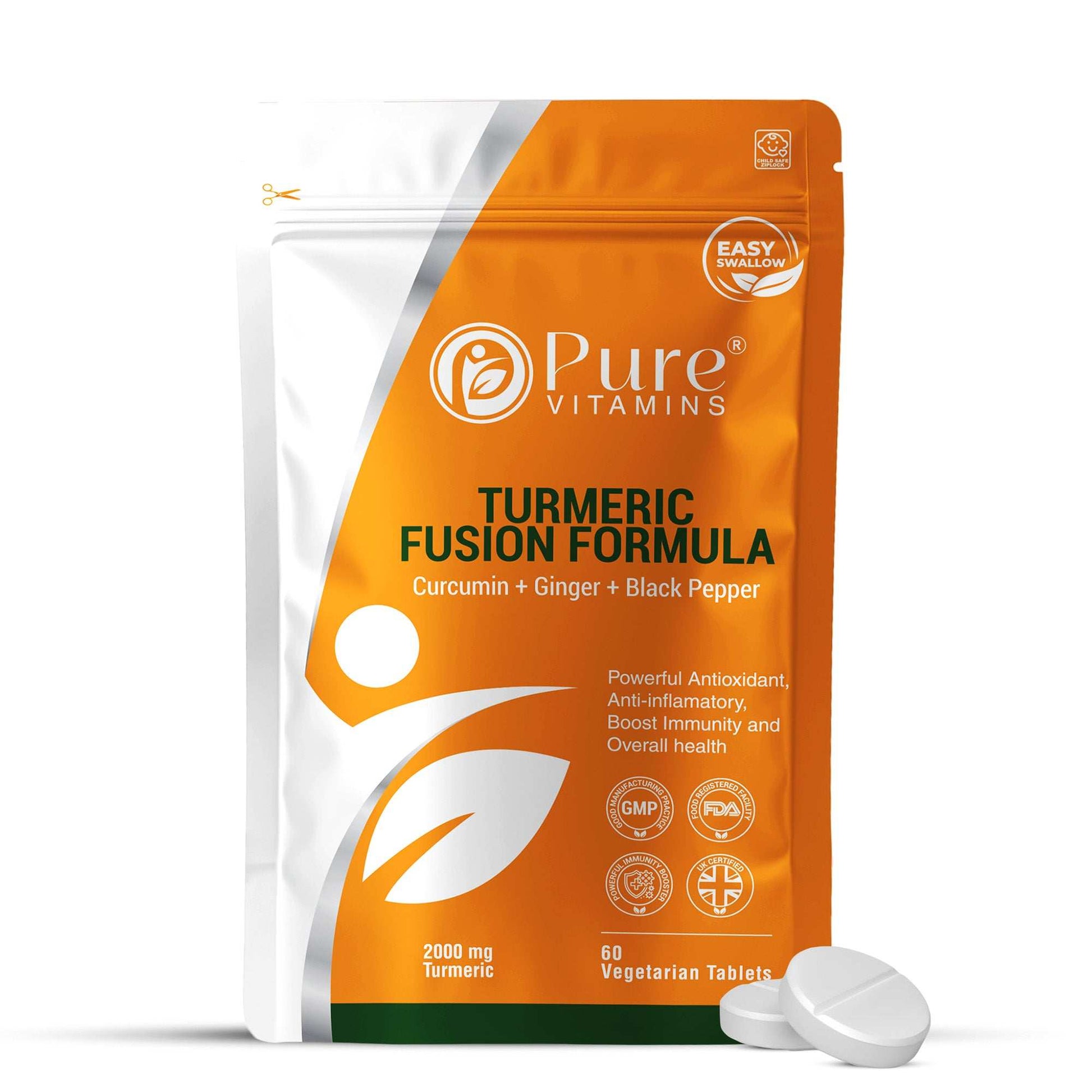 Triple-Action Anti-Inflammatory Support Turmeric Fusion Formula with Curcumin, Ginger, Black Pepper, GMP certified, 60 vegetarian tablets