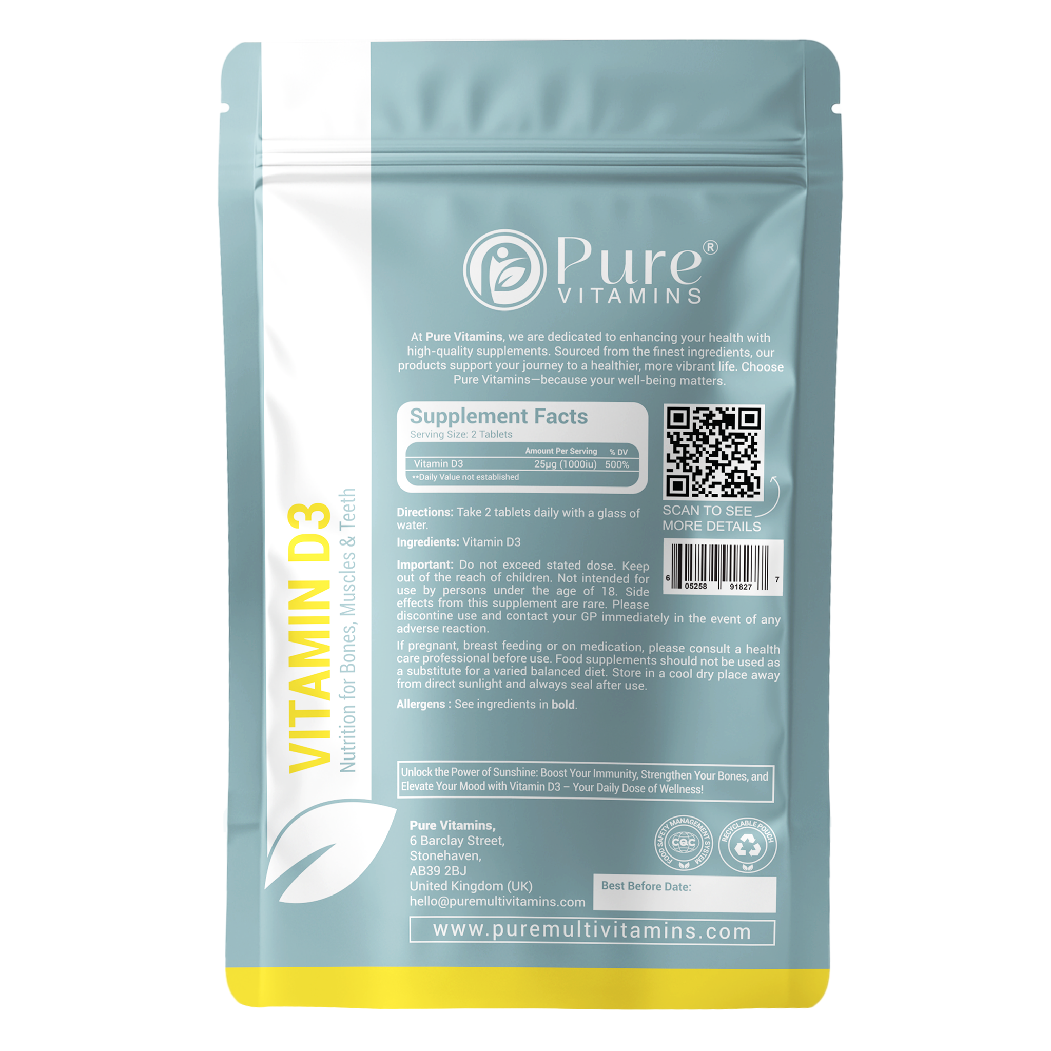 Pure Vitamins Vitamin D3 supplement pouch for bone, muscle, and immune support with high-strength vegan cholecalciferol, GMP and SGS certified.