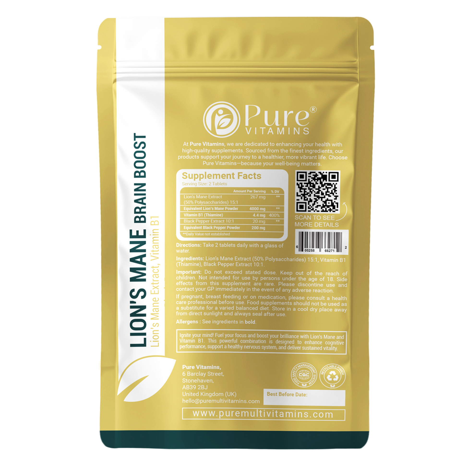 Pure Vitamins Lion’s Mane Tablets bottle for cognitive support and focus boosting with 4000 mg equivalent extract, Vitamin B1, and Black Pepper, GMP & SGS certified.