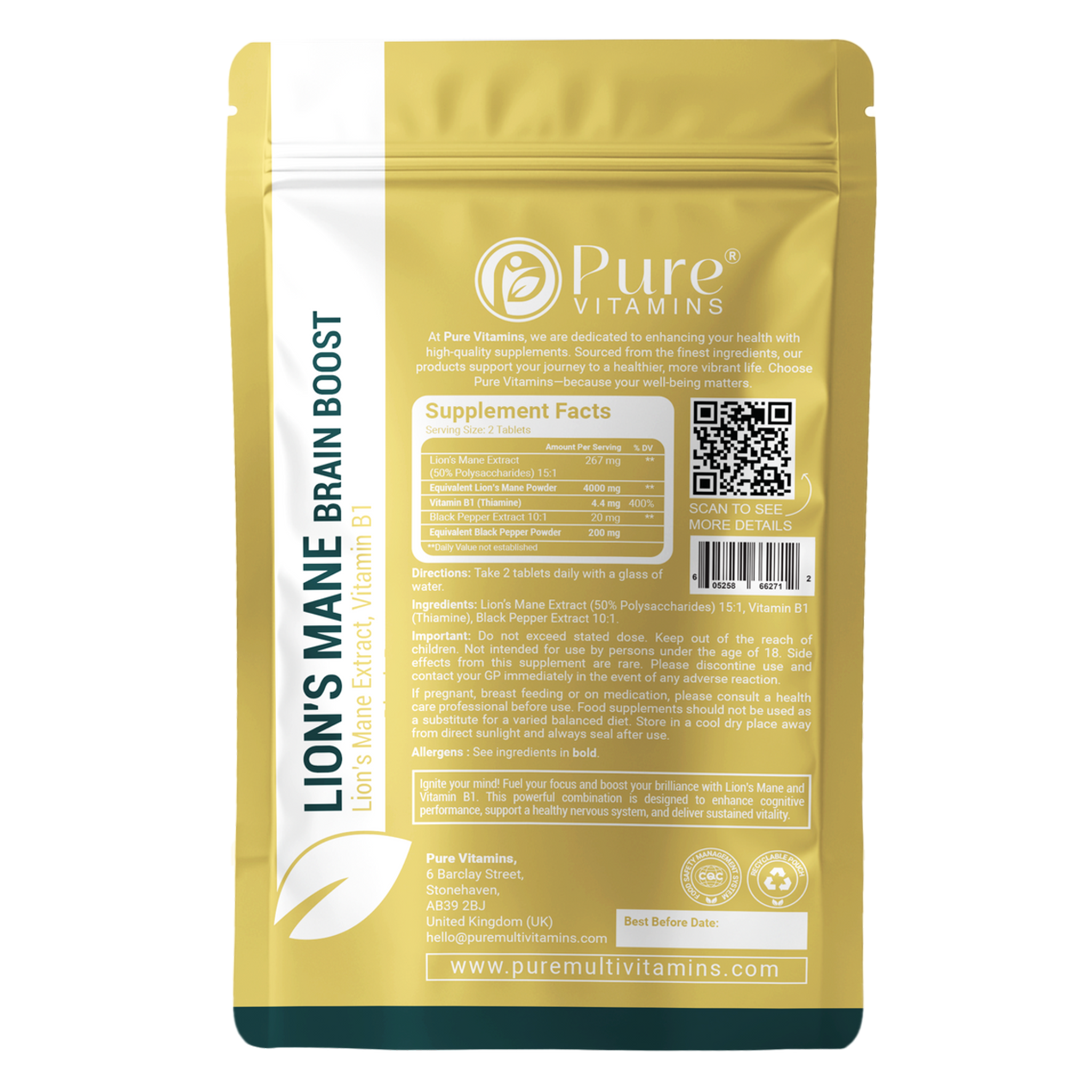 Pure Vitamins Lion’s Mane Tablets cognitive support supplement with 4000 mg extract, Vitamin B1, black pepper, GMP and SGS certified