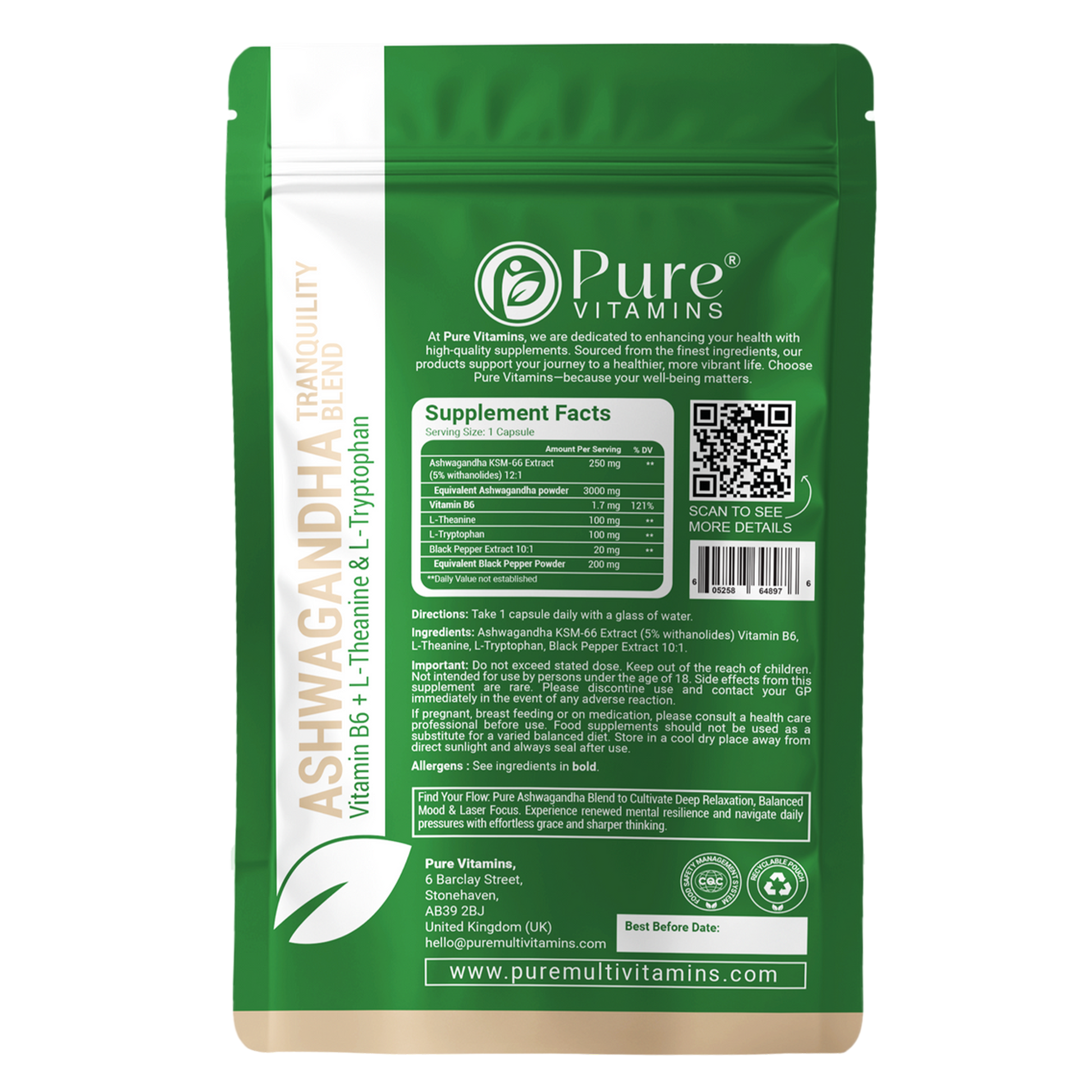 Pure Vitamins Ashwagandha KSM-66 capsules for stress relief, focus, and energy support with L-Theanine, Vitamin B6, vegan, GMP certified.