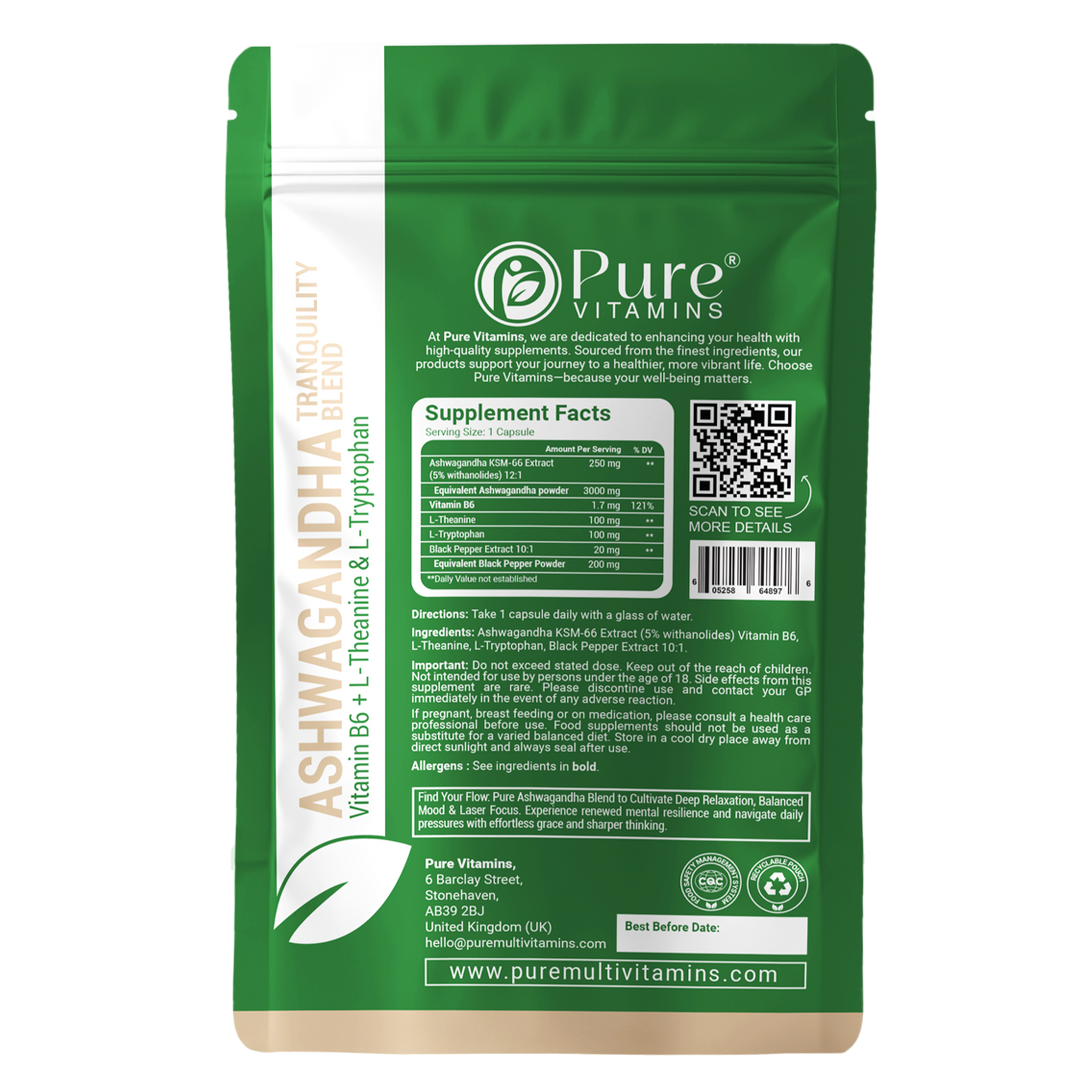Pure Vitamins Ashwagandha KSM-66 capsules for stress relief, focus, and energy support with L-Theanine, Vitamin B6, vegan, GMP certified.