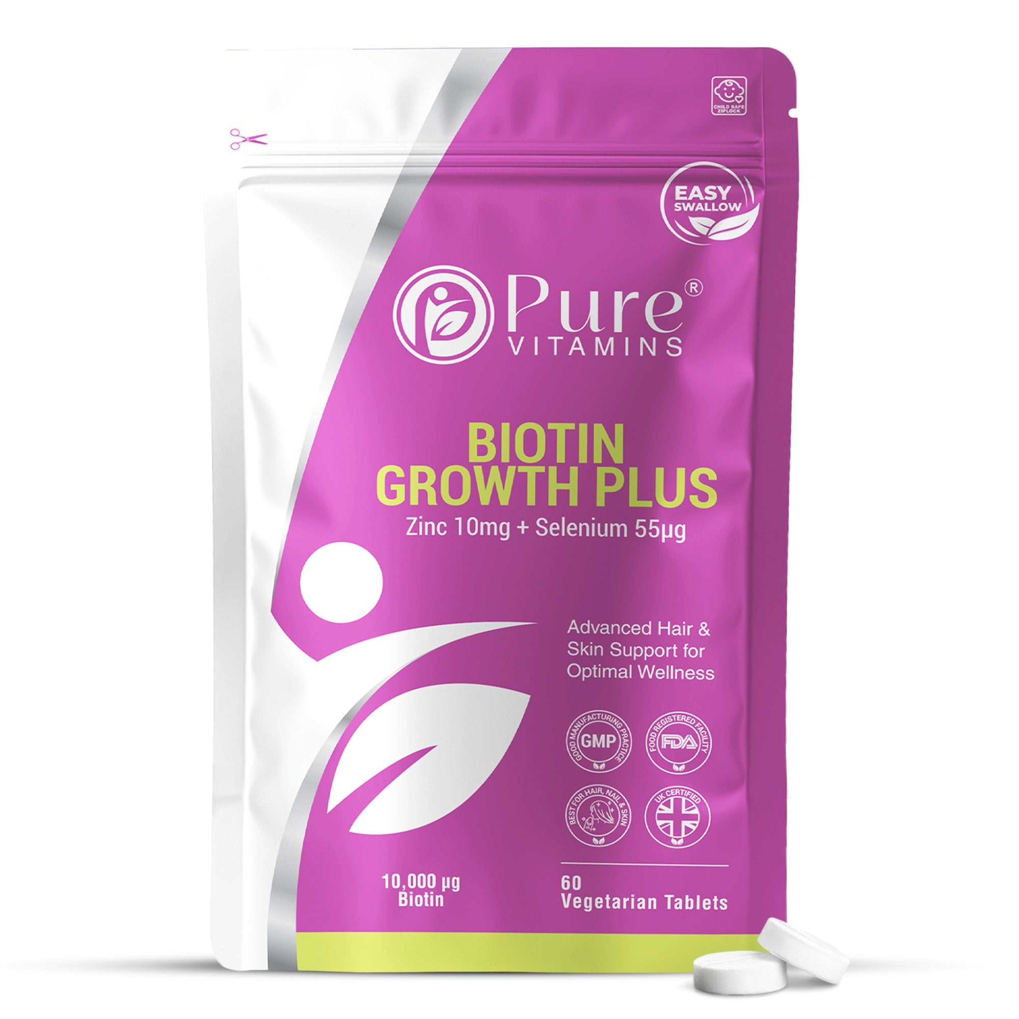 Pure Vitamins Biotin Growth Plus supplement for advanced hair, skin, and nail support with biotin, zinc, and selenium in vegetarian tablets