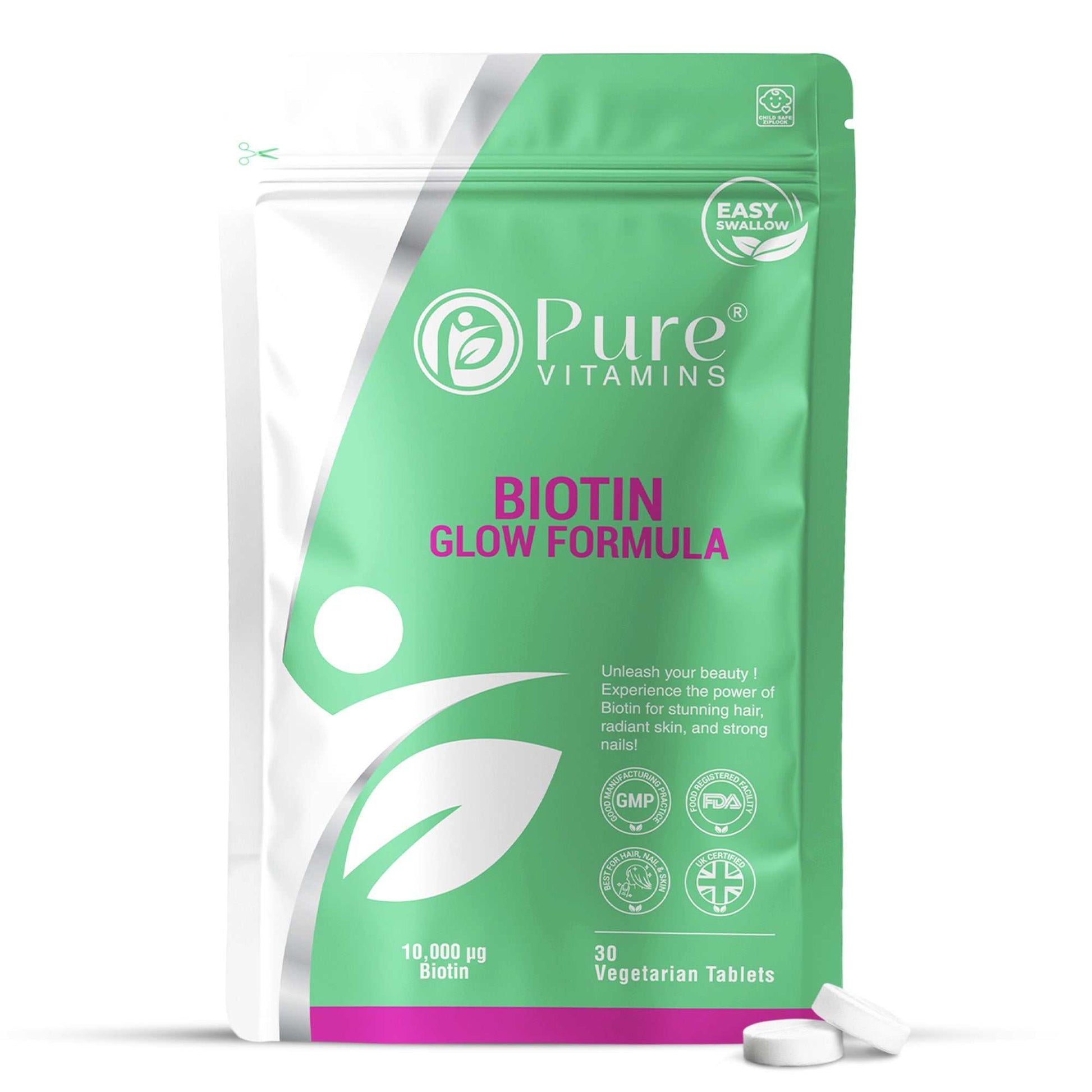 Pure Vitamins Biotin Glow Formula packaging with 10,000 µg biotin, vegetarian tablets for hair, skin, and nail support
