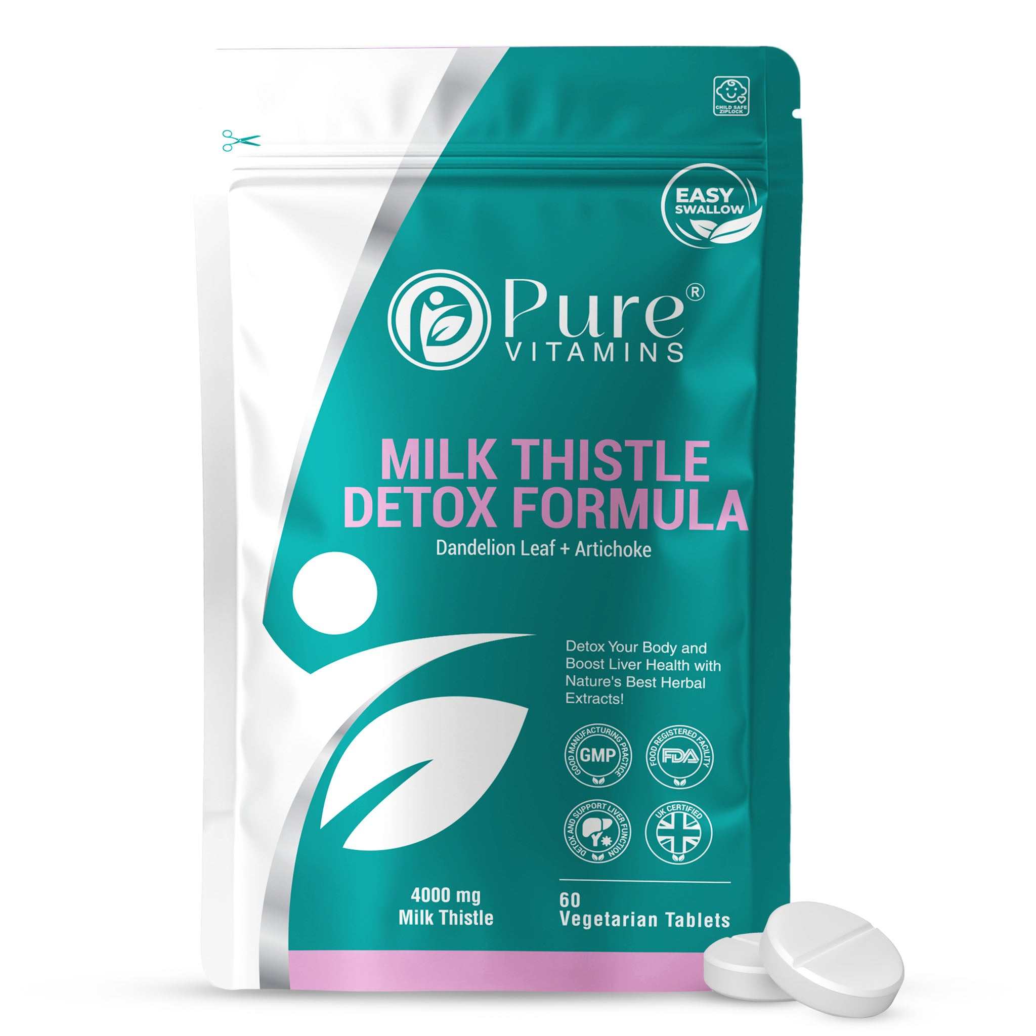 Pure Vitamins Milk Thistle Detox Formula with Dandelion Leaf and Artichoke for liver support and detoxification, 60 vegetarian tablets
