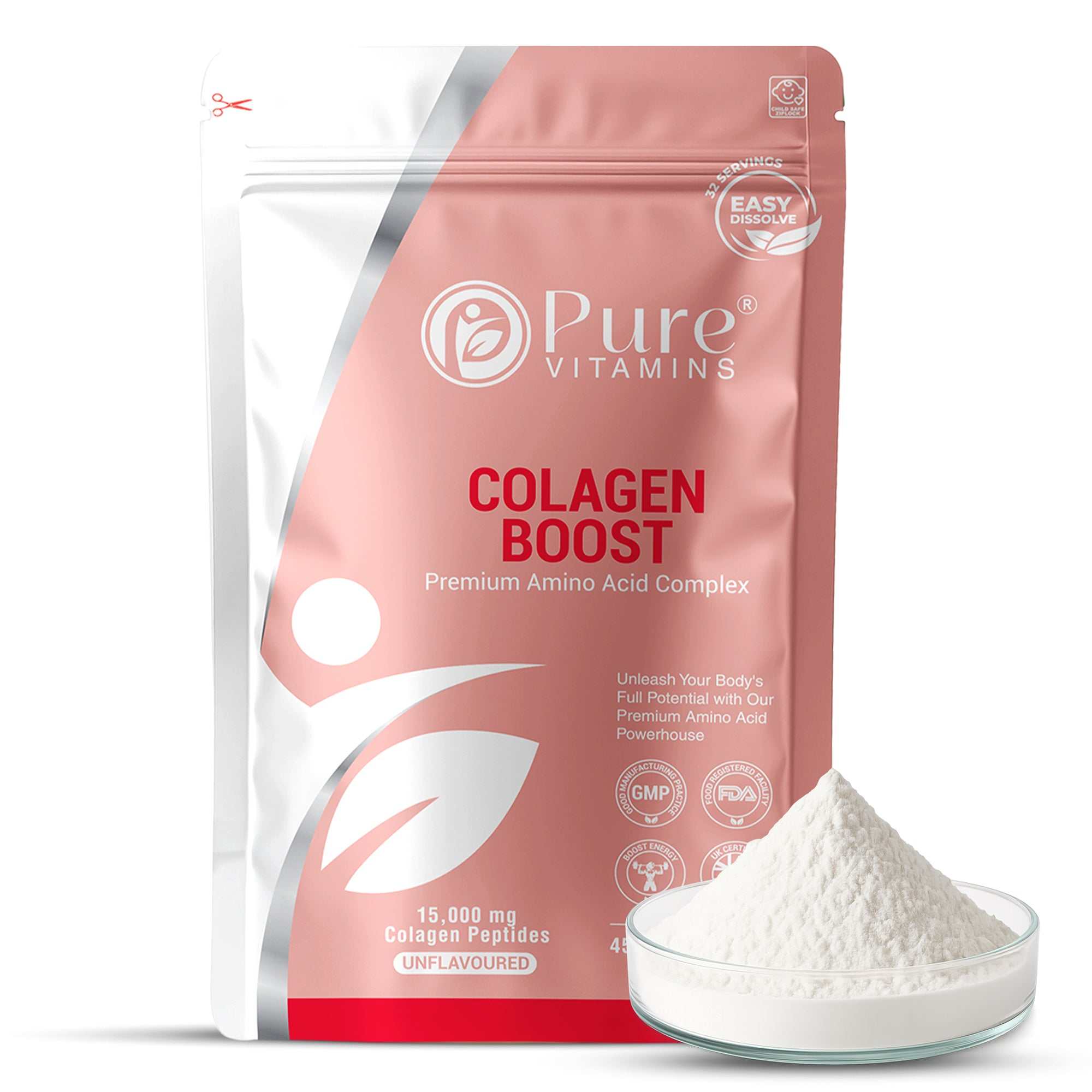 Pure Vitamins Collagen Boost Hydrolysed Collagen Peptides Powder for Skin, Hair & Joint Support, Unflavoured, GMP Certified