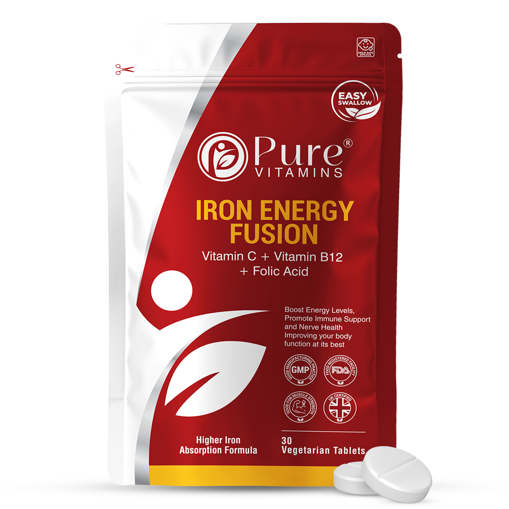 Pure Vitamins Iron Energy Fusion supplement with Iron, Vitamin B12, Vitamin C, and Folic Acid for energy, focus, and oxygen support in vegetarian tablets.