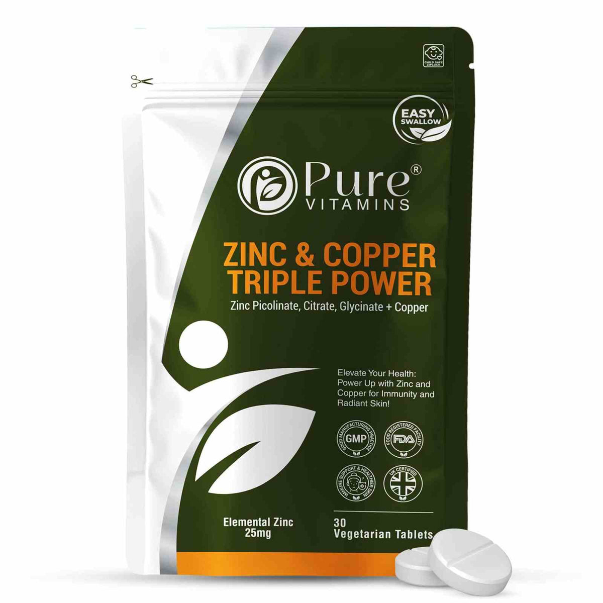 Triple zinc with copper tablets, one of the three supplements in the Pure Vitamins Immunity and Energy Support Trio