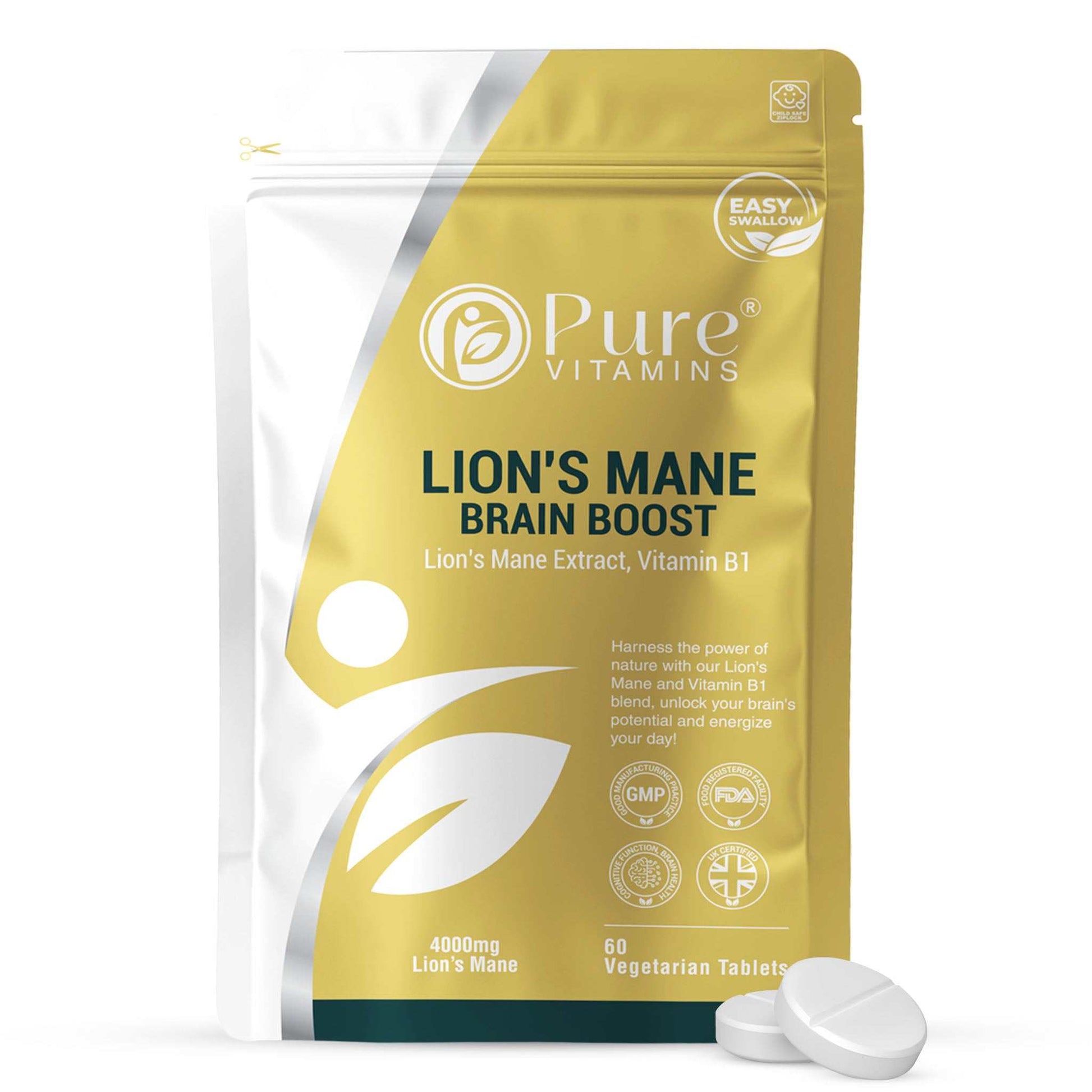 Pure Vitamins Lion’s Mane Tablets with 4000 mg extract, Vitamin B1, and Black Pepper for cognitive support and focus boosting, GMP certified.