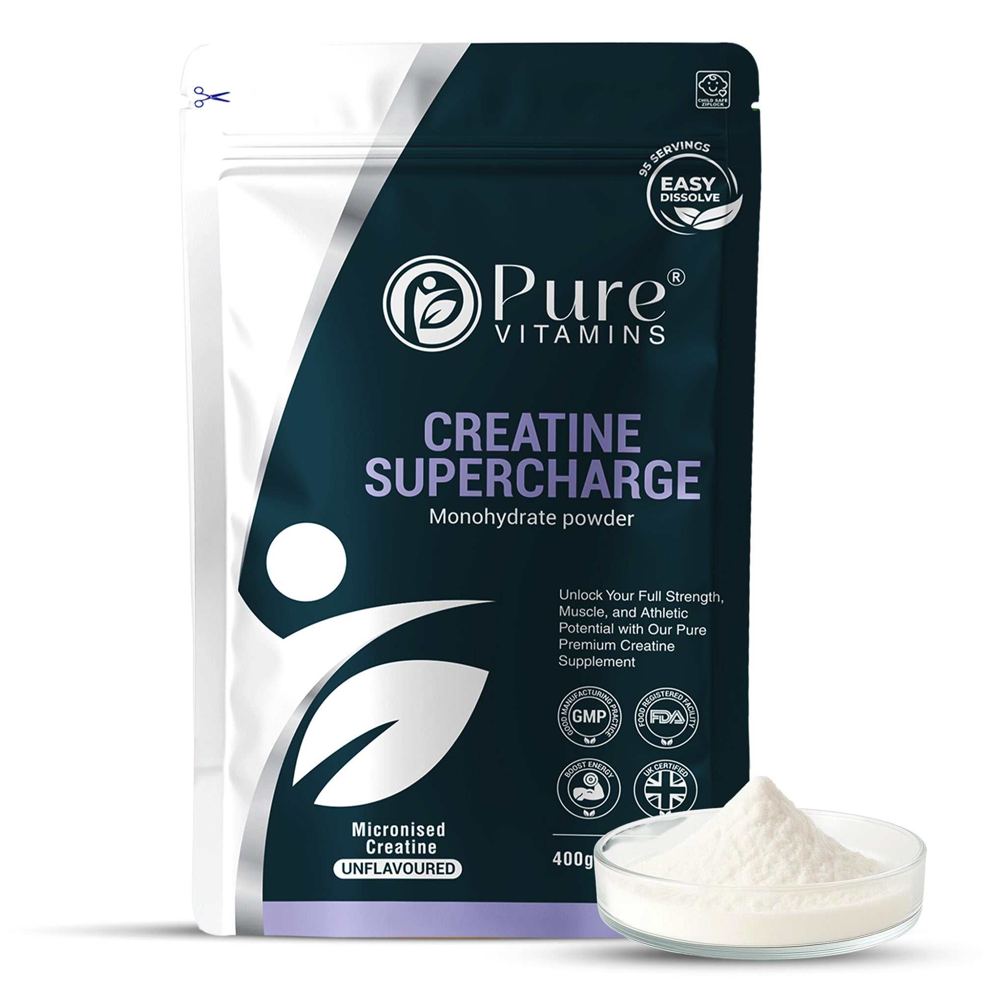 Micronised Creatine Monohydrate powder by Pure Vitamins for strength, muscle recovery, and fast absorption, GMP & SGS certified.