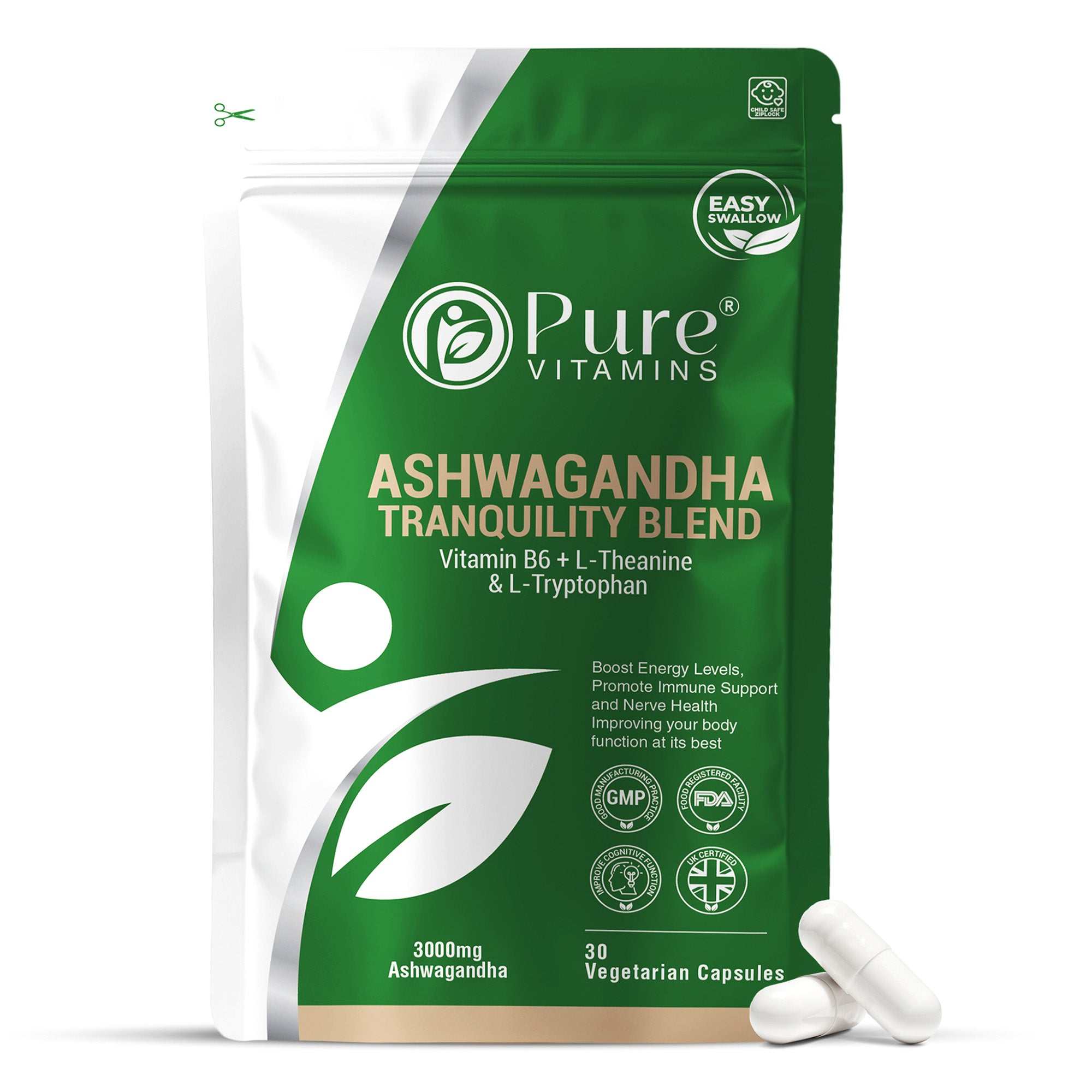 Pure Vitamins Ashwagandha KSM-66 Capsules for stress relief, focus, and energy support with L-Theanine and Vitamin B6, vegan and GMP certified