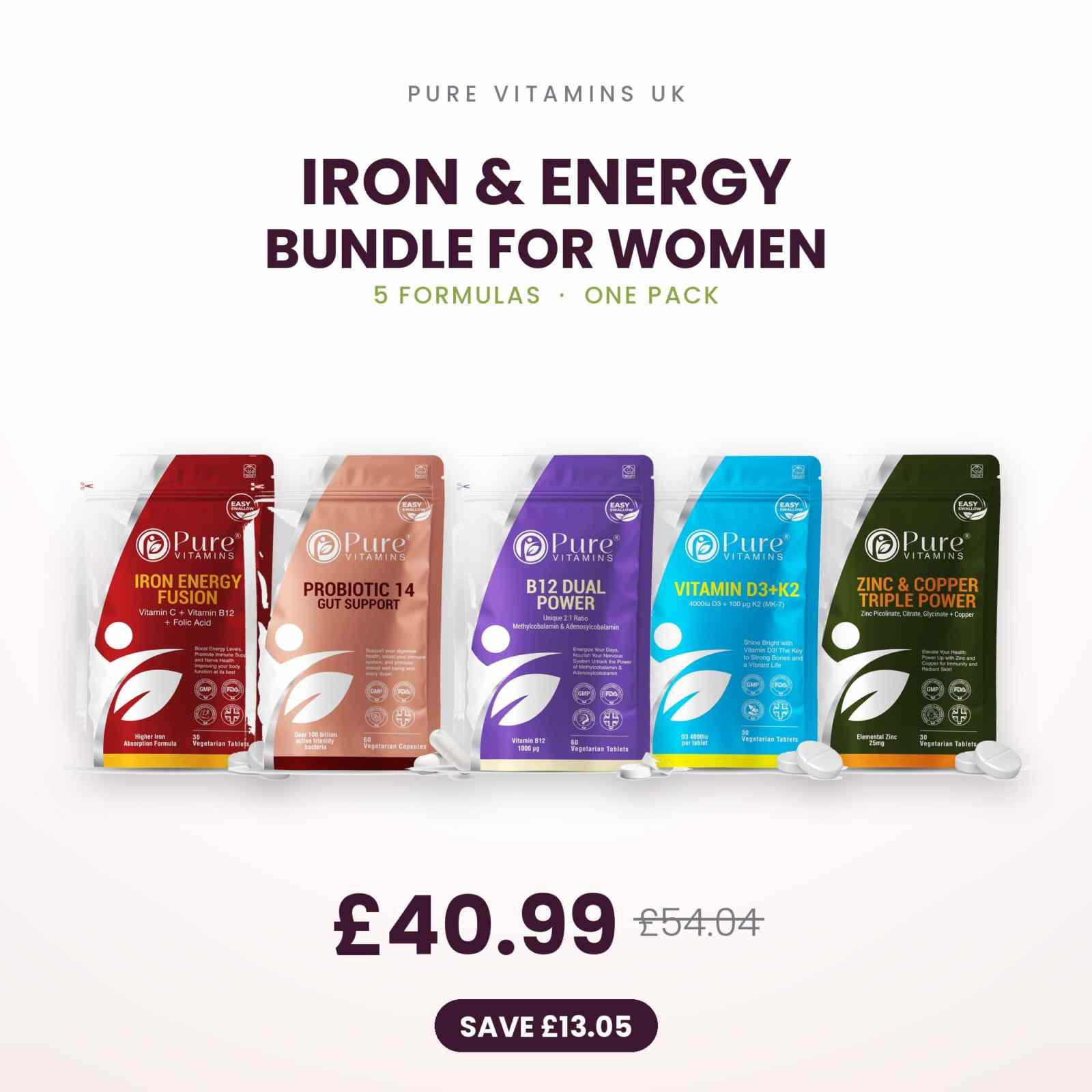 Iron & Energy Bundle for women with iron, B12, folic acid, vitamin D3+K2, zinc, and probiotics by Pure Vitamins UK
