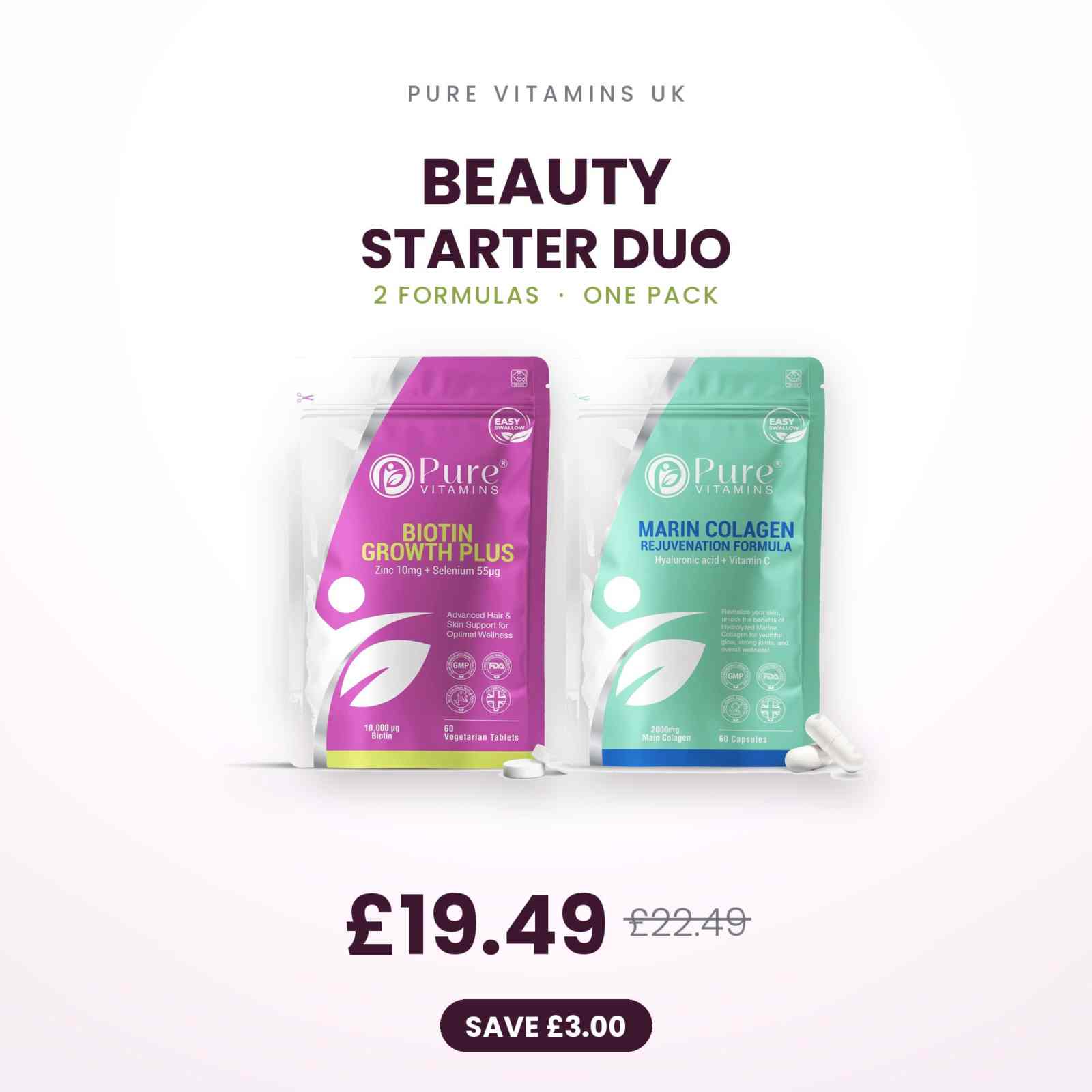 Beauty Starter Duo supplements Biotin Zinc Selenium and Marine Collagen for hair skin nails maintenance