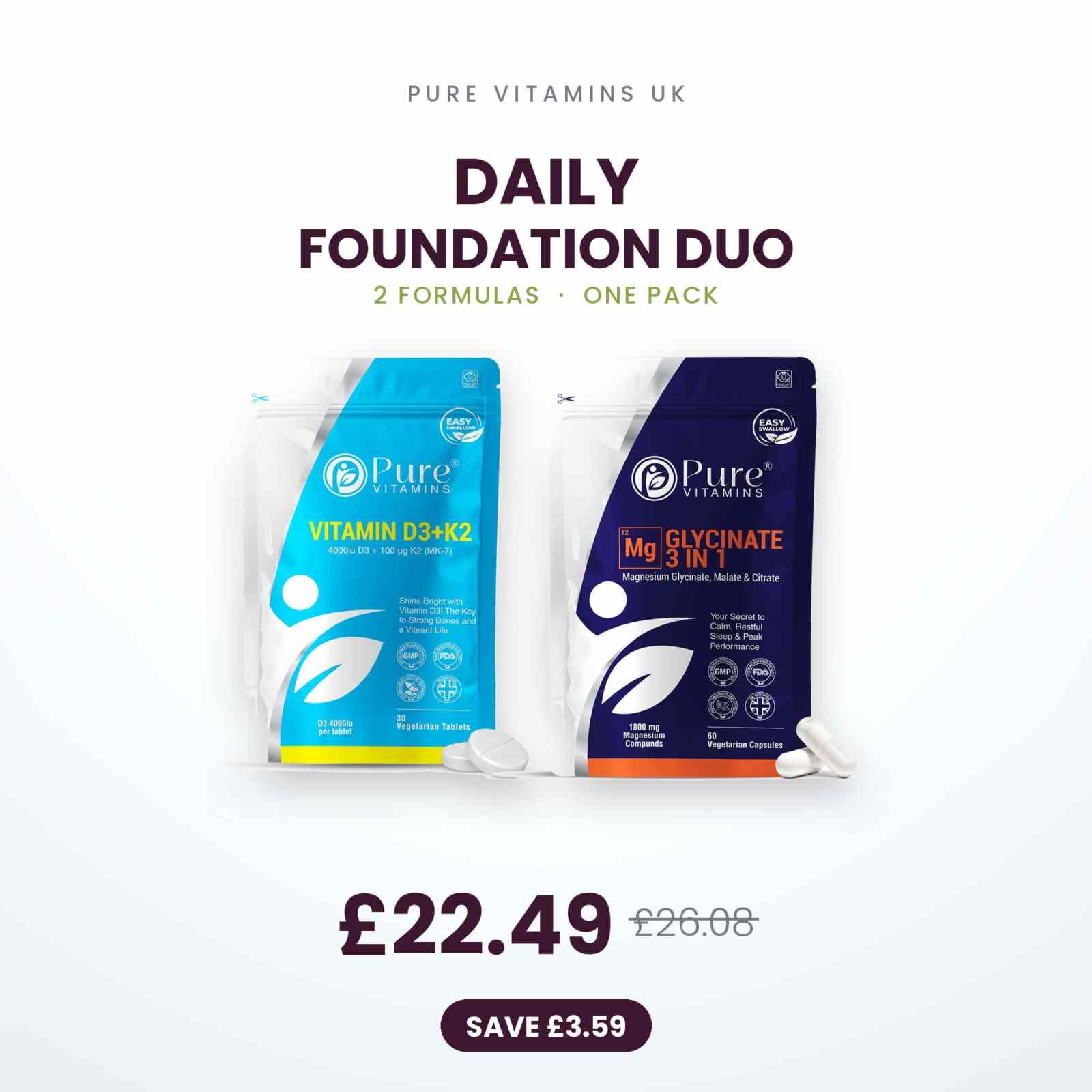 Daily Foundation Duo supplement pack with Vitamin D3+K2 and Magnesium Glycinate bottles by Pure Vitamins UK