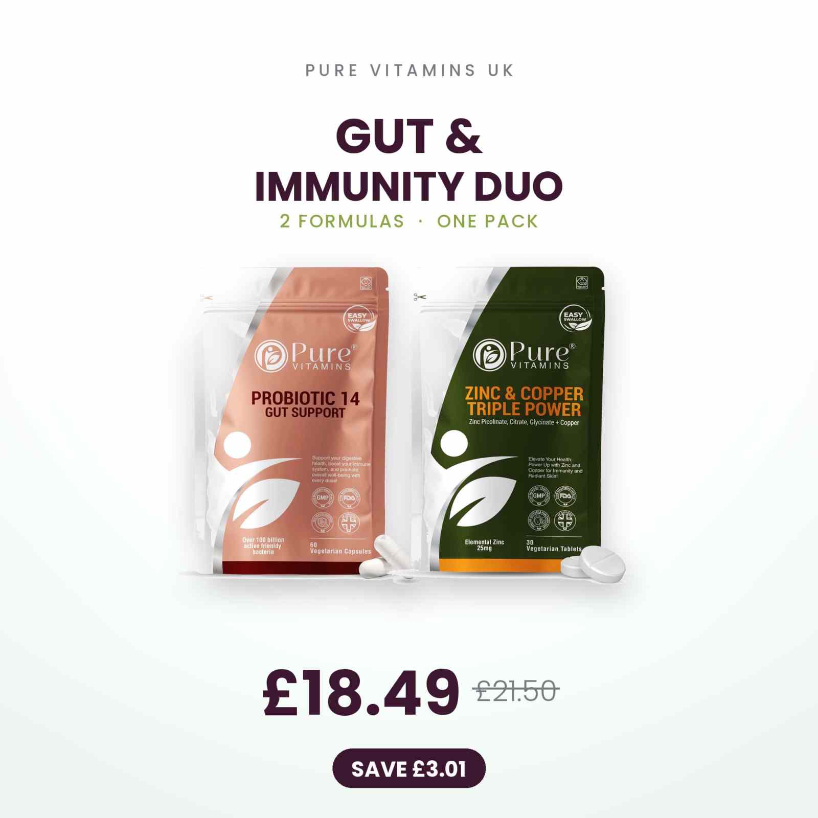 Gut & Immunity Duo supplement pack with 14-strain probiotic and triple zinc with copper capsules from Pure Vitamins UK