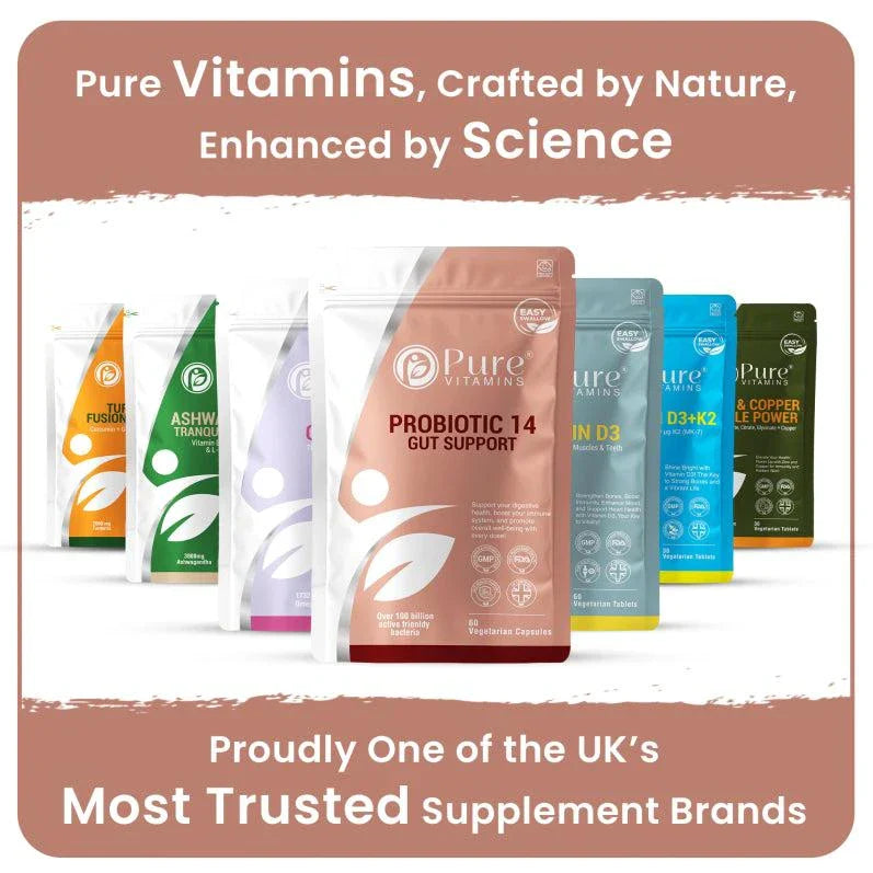 Pure Vitamins Probiotic 14 Gut Flora Balance supplement with 14-strain 10 billion CFU probiotic complex and prebiotic inulin for digestion and immunity support