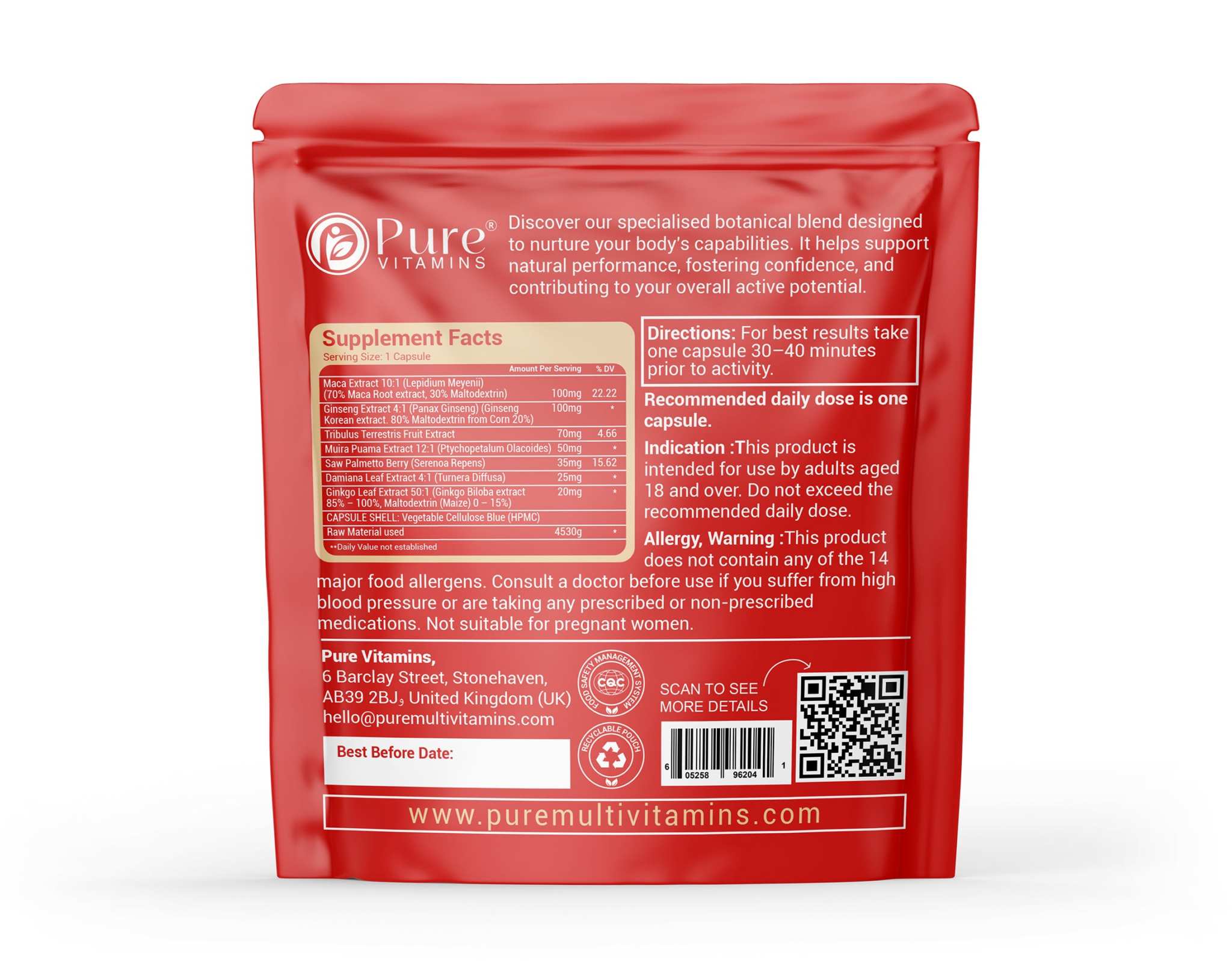 MANS PRIME BLUE  herbal testosterone and stamina supplement pouch back view