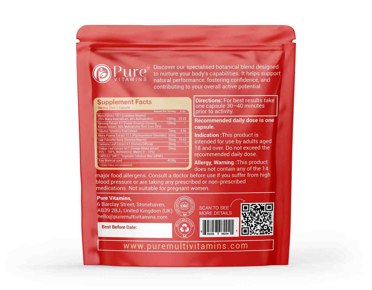 Supplement facts panel for the MANS PRIME BLUE pouch in the Pure Vitamins MANS PRIME Multipack