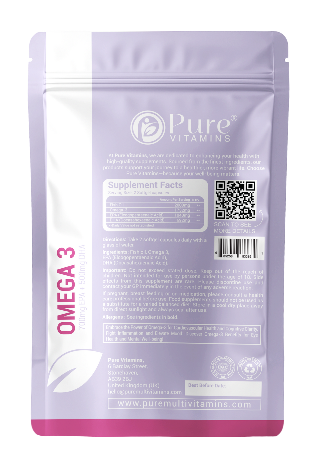 Supplement facts panel for the omega-3 fish oil in the Pure Vitamins Joint and Active Bundle