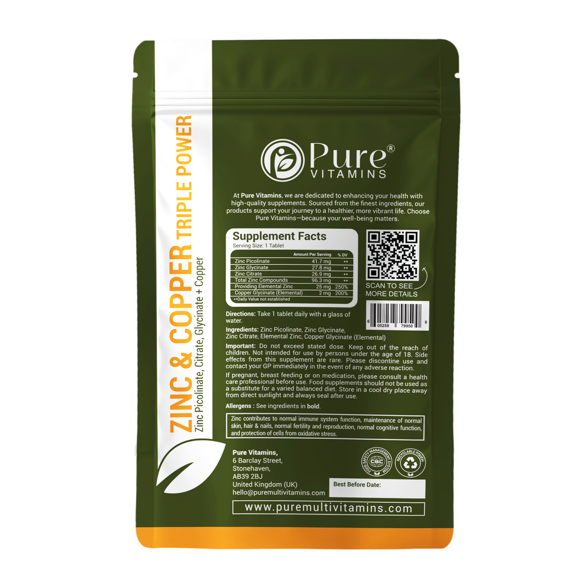 Supplement facts panel for the triple zinc with copper tablets in the Pure Vitamins Gut and Immunity Duo