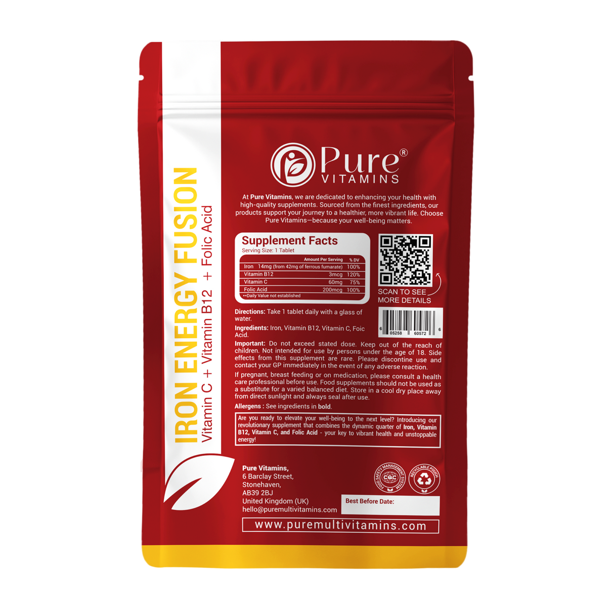 Supplement facts panel for the iron tablets in the Pure Vitamins Iron and Energy Bundle for Women