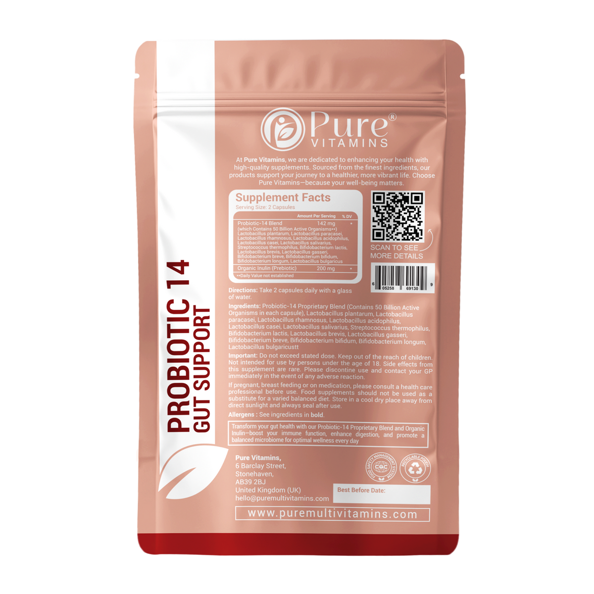 Supplement facts panel for the fourteen strain probiotic in the Pure Vitamins Gut and Immunity Duo