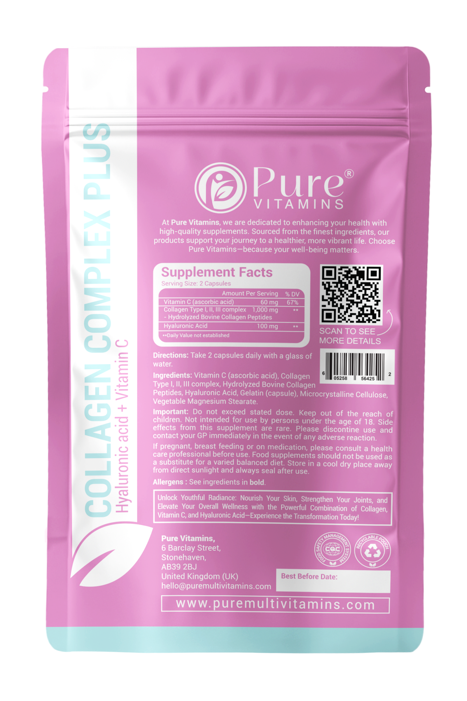 Back of Pure Vitamins Collagen Complex Plus showing supplement facts, ingredient list, QR code and hydrolysed bovine collagen complex information.