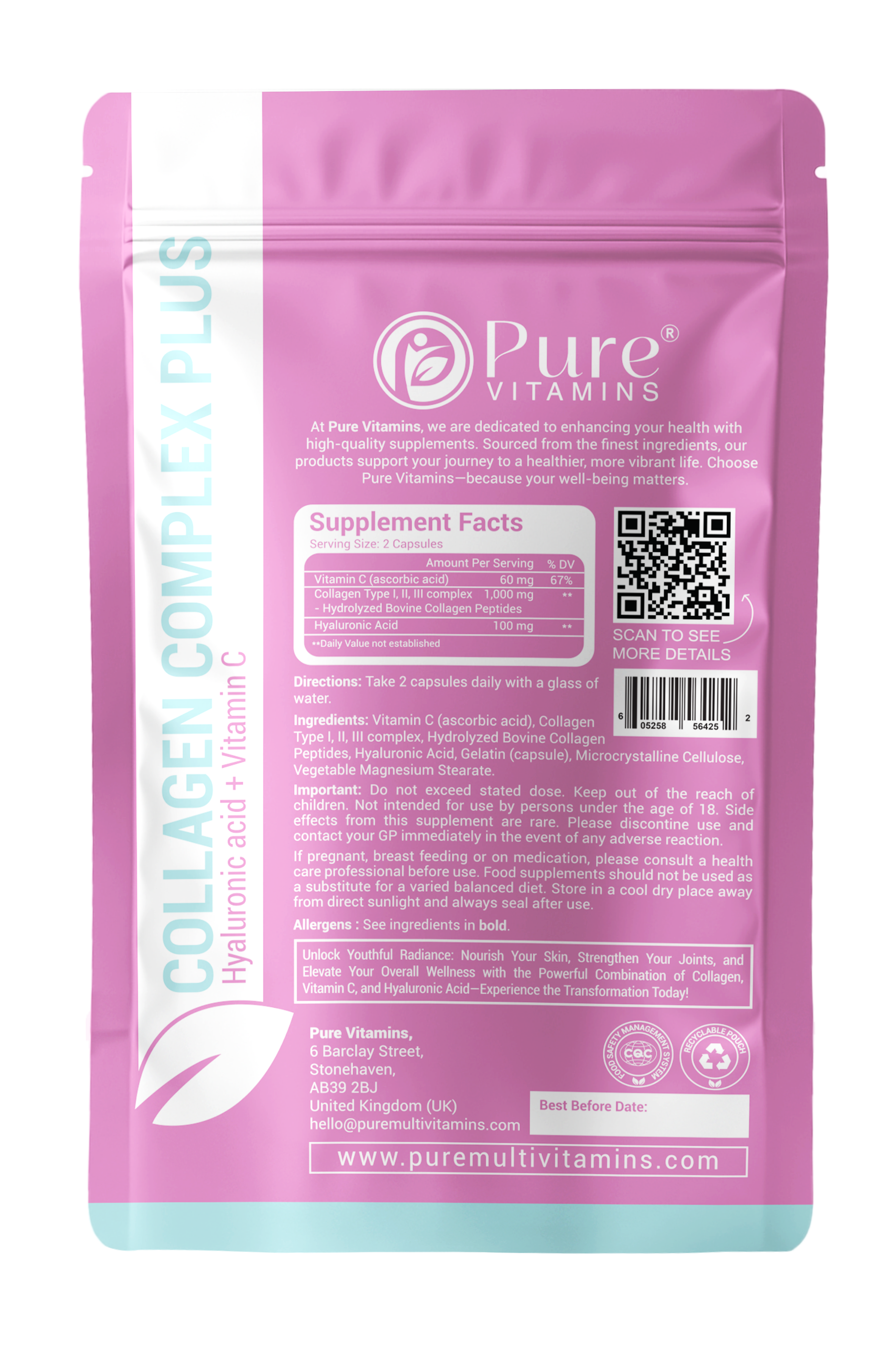Back of Pure Vitamins Collagen Complex Plus showing supplement facts, ingredient list, QR code and hydrolysed bovine collagen complex information.