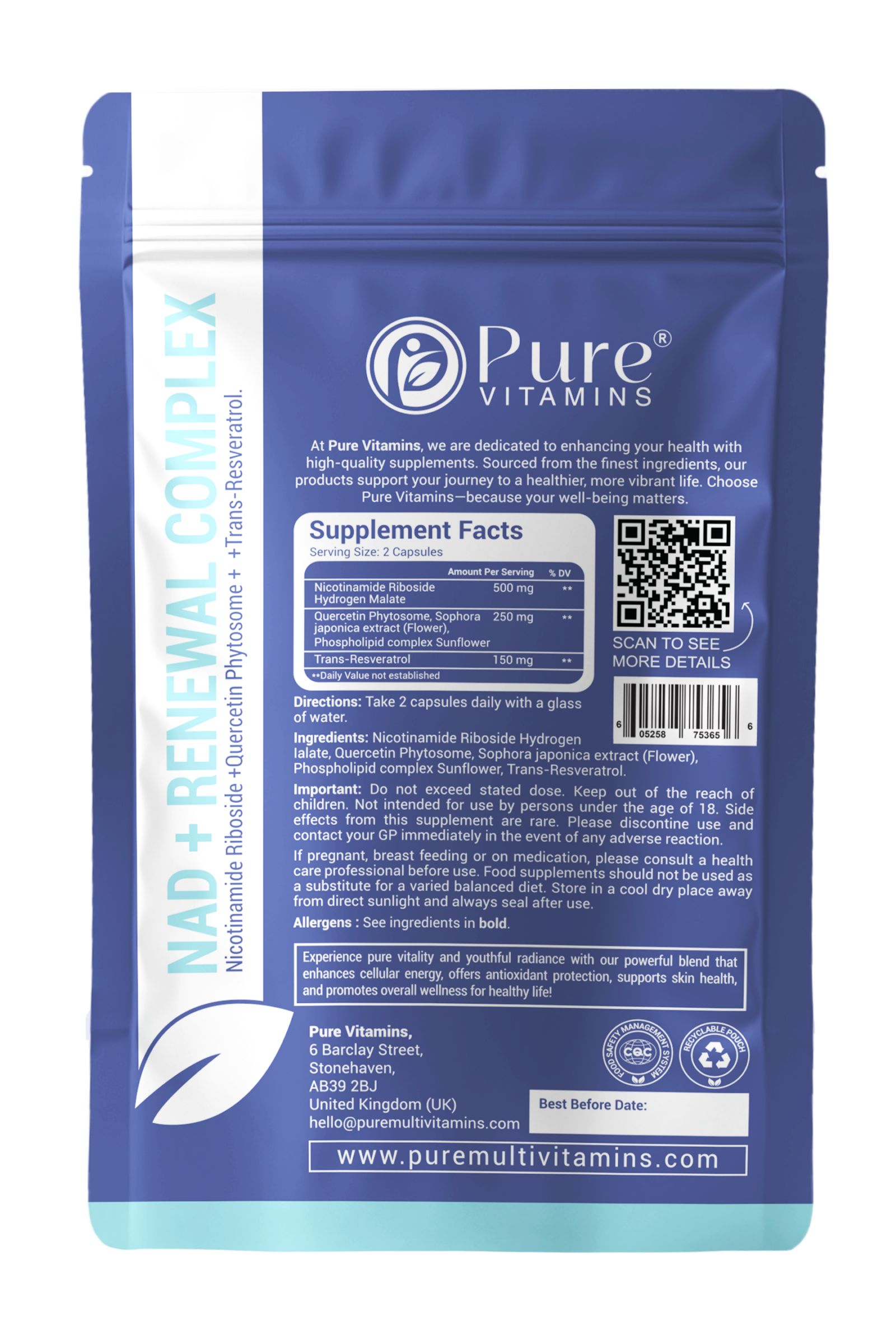 Nicotinamide riboside supplement supplement facts showing NR dosage, quercetin phytosome and trans-resveratrol in the Pure Vitamins NAD+ Renewal Complex