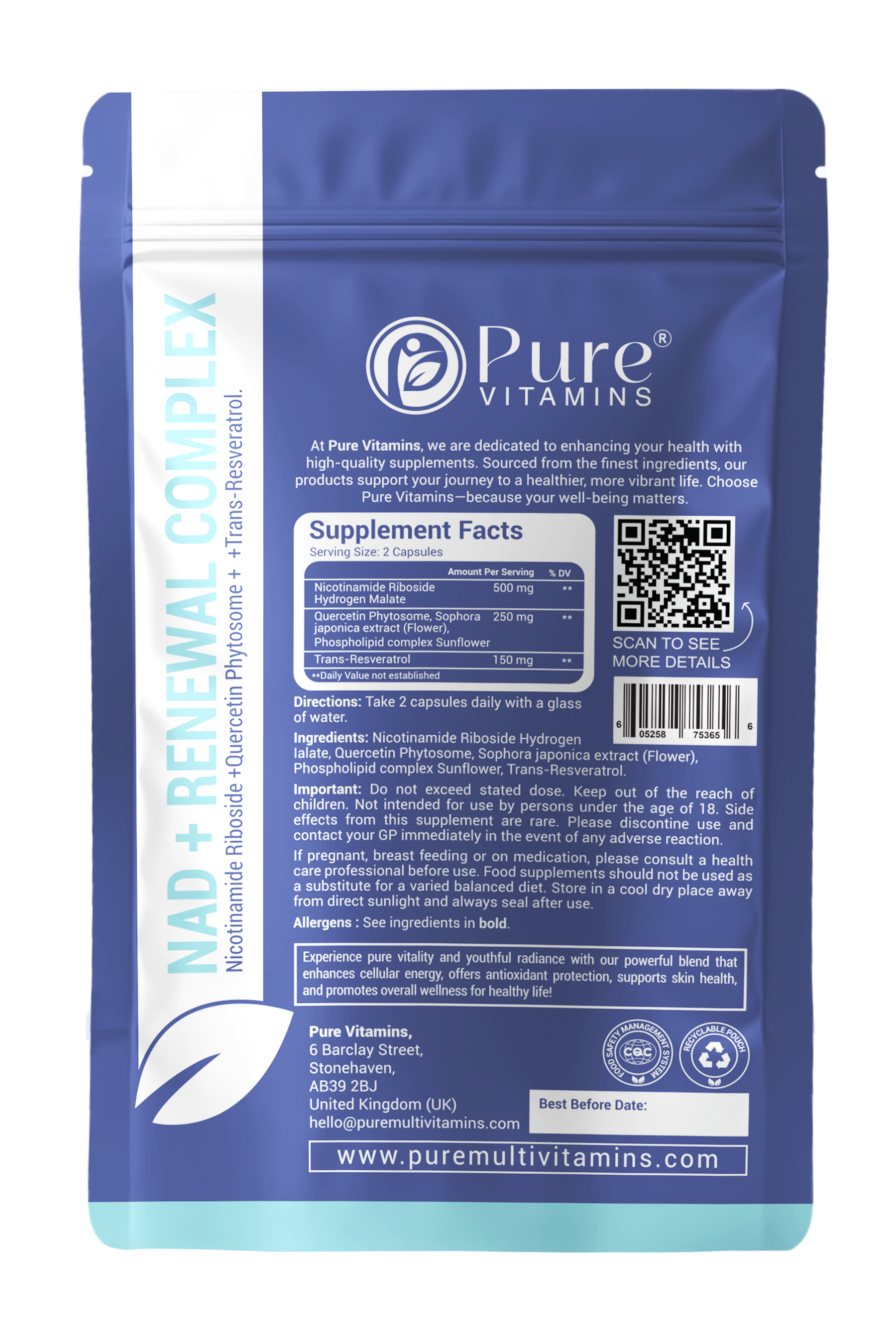 Nicotinamide riboside supplement supplement facts showing NR dosage, quercetin phytosome and trans-resveratrol in the Pure Vitamins NAD+ Renewal Complex