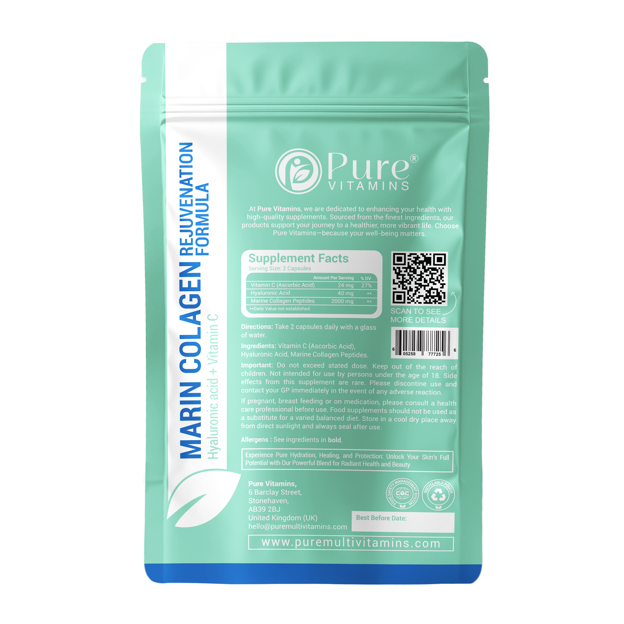 Hydrolysed Marine Collagen Capsules | Pure Vitamins - Support Skin, Hair & Joint Health