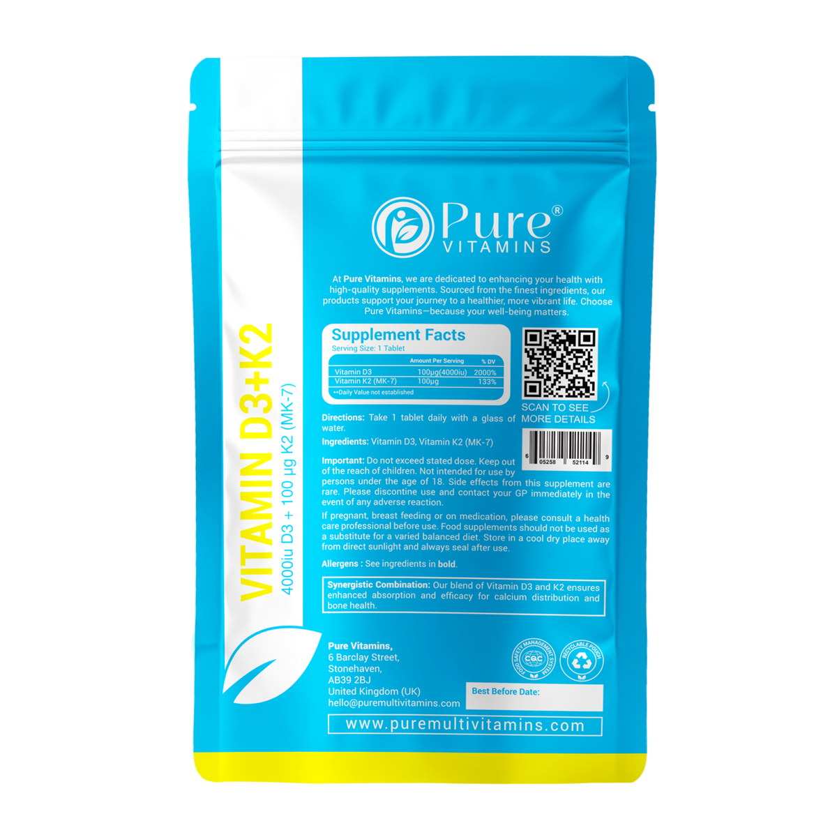 Supplement facts panel for the vitamin D3 plus K2 tablets in the Pure Vitamins Daily Foundation Duo