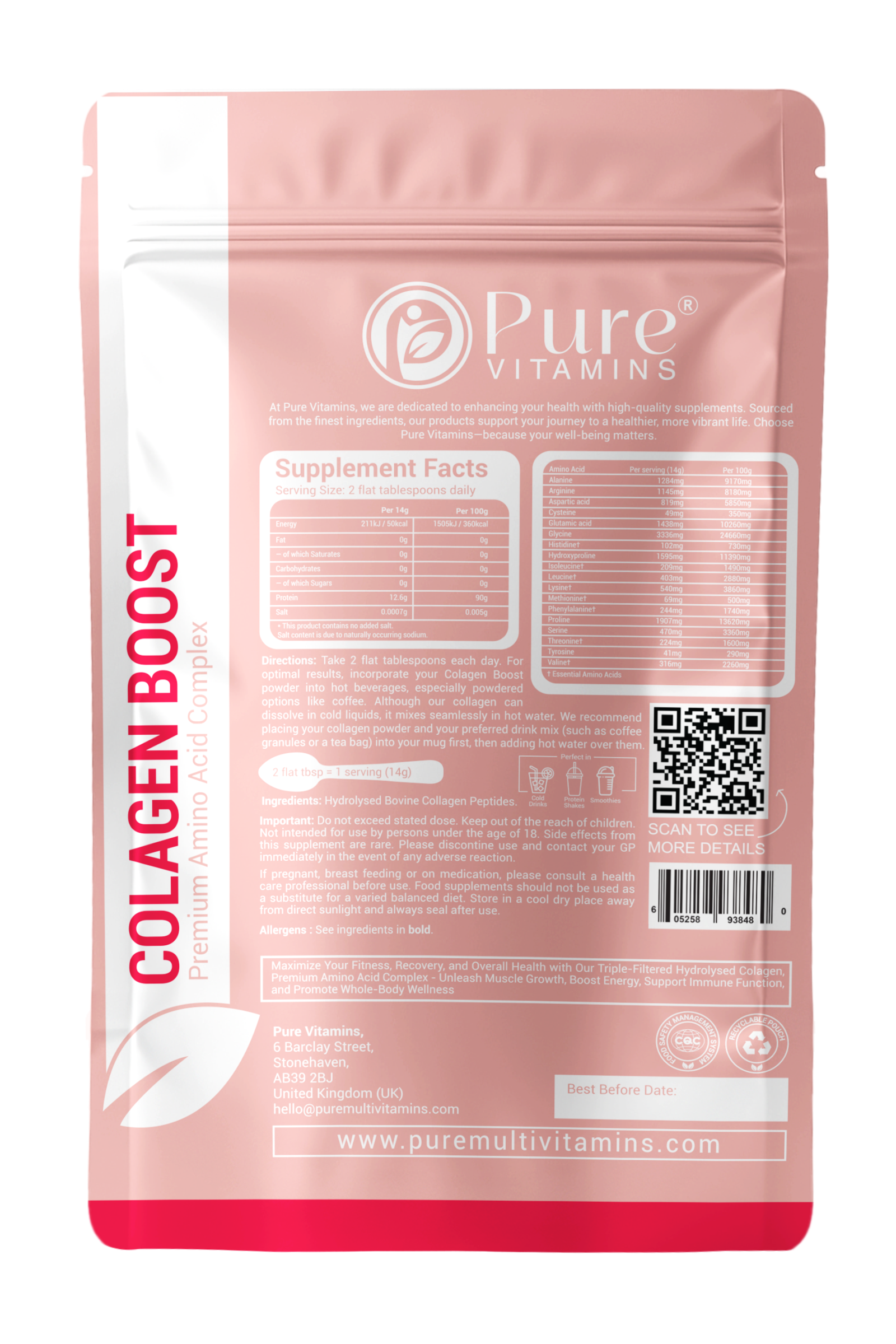 Hydrolysed bovine collagen peptides powder from Pure Vitamins UK, 14,000mg Type I & III, unflavoured and additive-free.