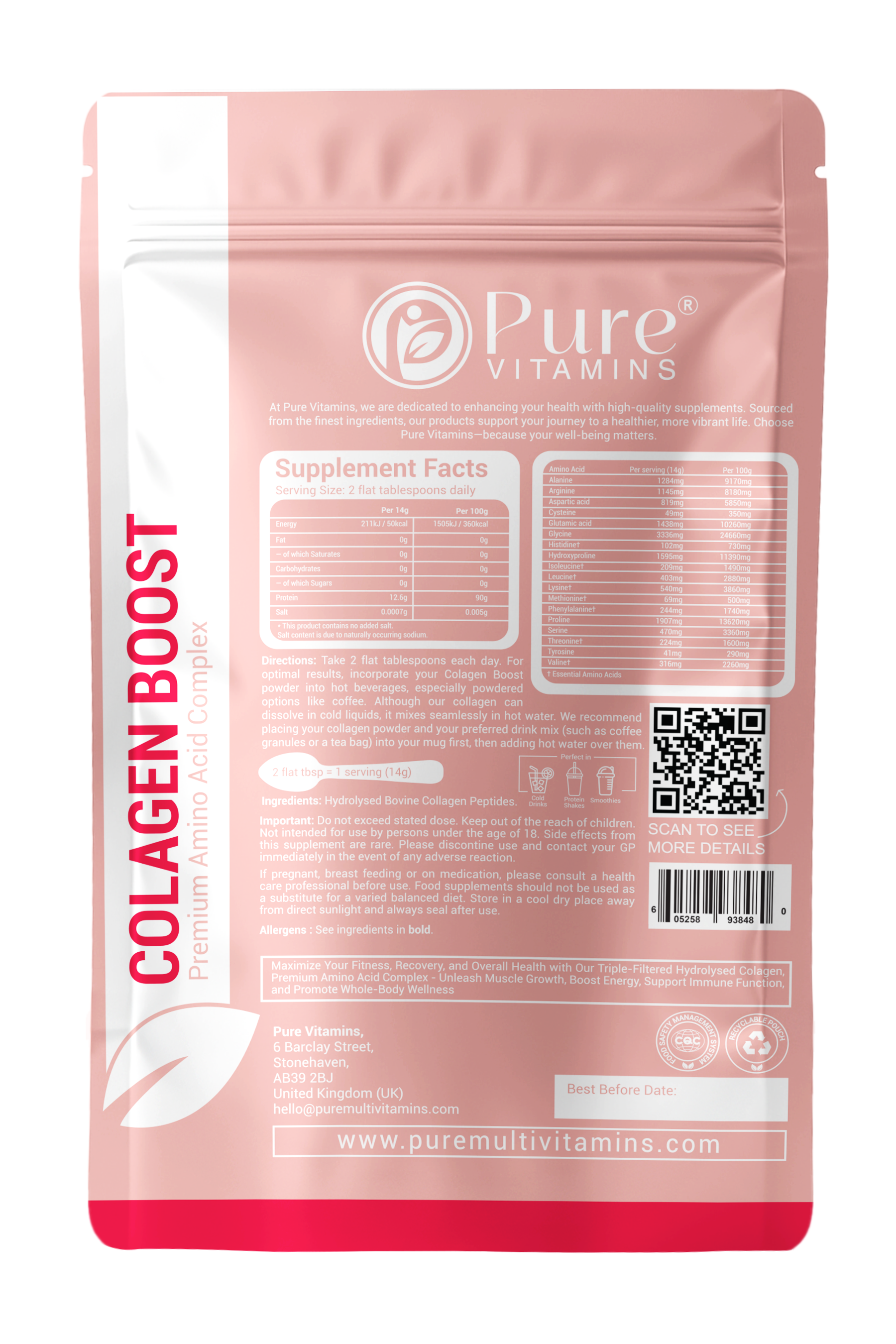 Hydrolysed bovine collagen peptides powder from Pure Vitamins UK, 14,000mg Type I & III, unflavoured and additive-free.