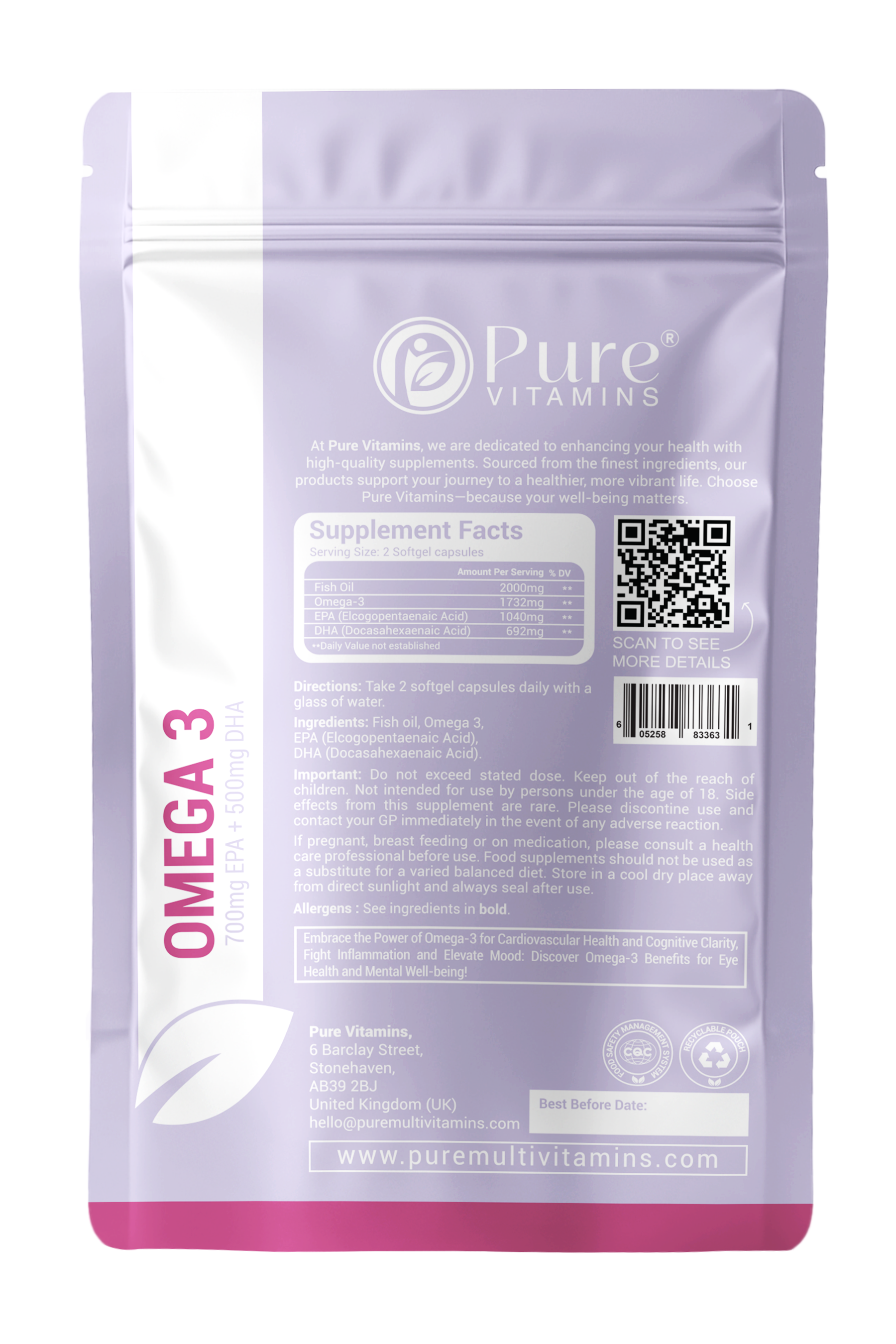 Pure Vitamins Omega-3 Fish Oil high-strength EPA & DHA formula for heart, brain, and joint support in easy-to-swallow softgels