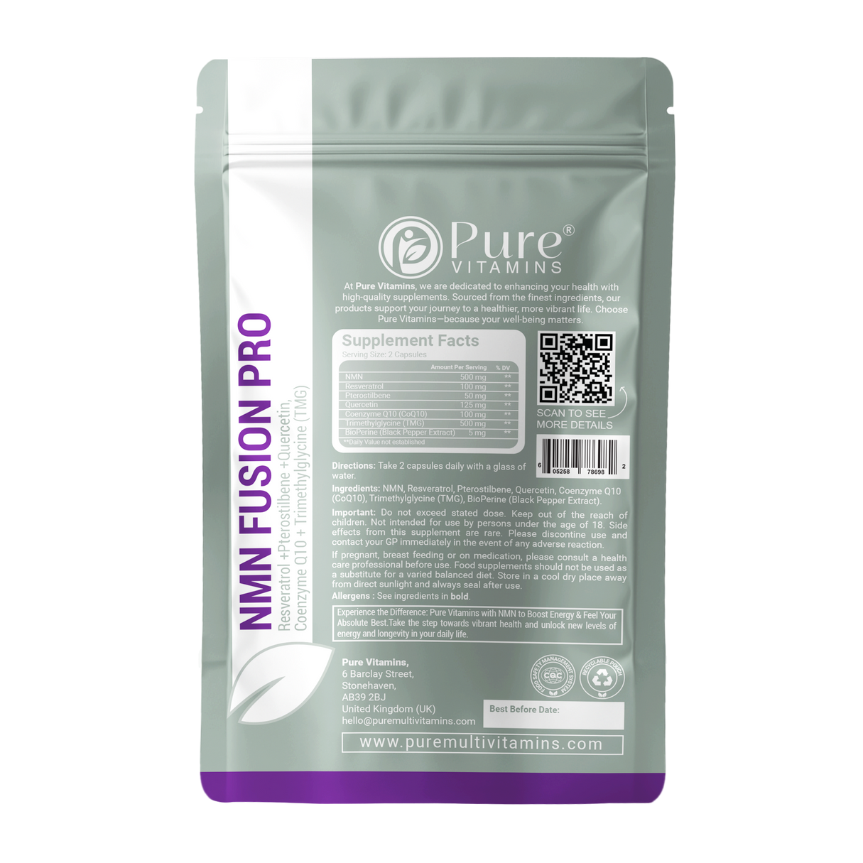 NMN Fusion Pro back label showing supplement facts, ingredients list, directions for use, and manufacturer details - Pure Vitamins, GMP-certified