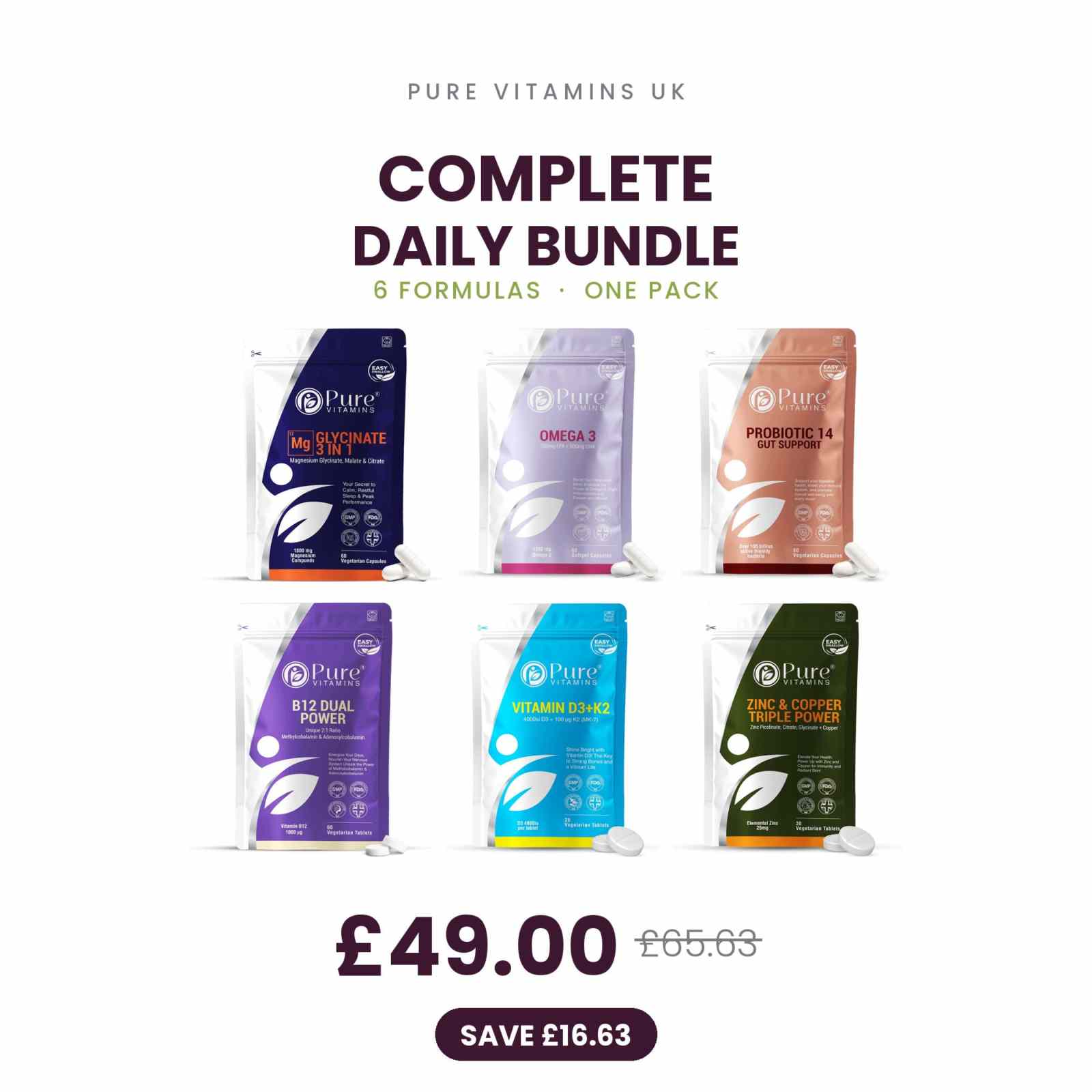 Complete Daily Bundle by Pure Vitamins UK: six essential supplement pouches including Magnesium Glycinate, Omega-3, Probiotic, B12, Vitamin D3+K2 and Zinc & Copper, £49.00 saving £16.63