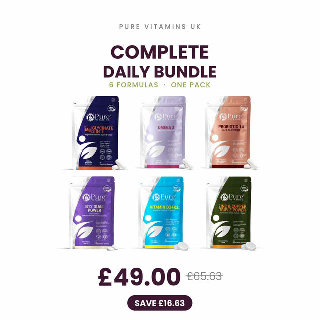 Complete Daily Supplement Set by Pure Vitamins UK: Magnesium Glycinate, Omega-3, Probiotic, Vitamin B12, Vitamin D3+K2 and Zinc & Copper, £49.00