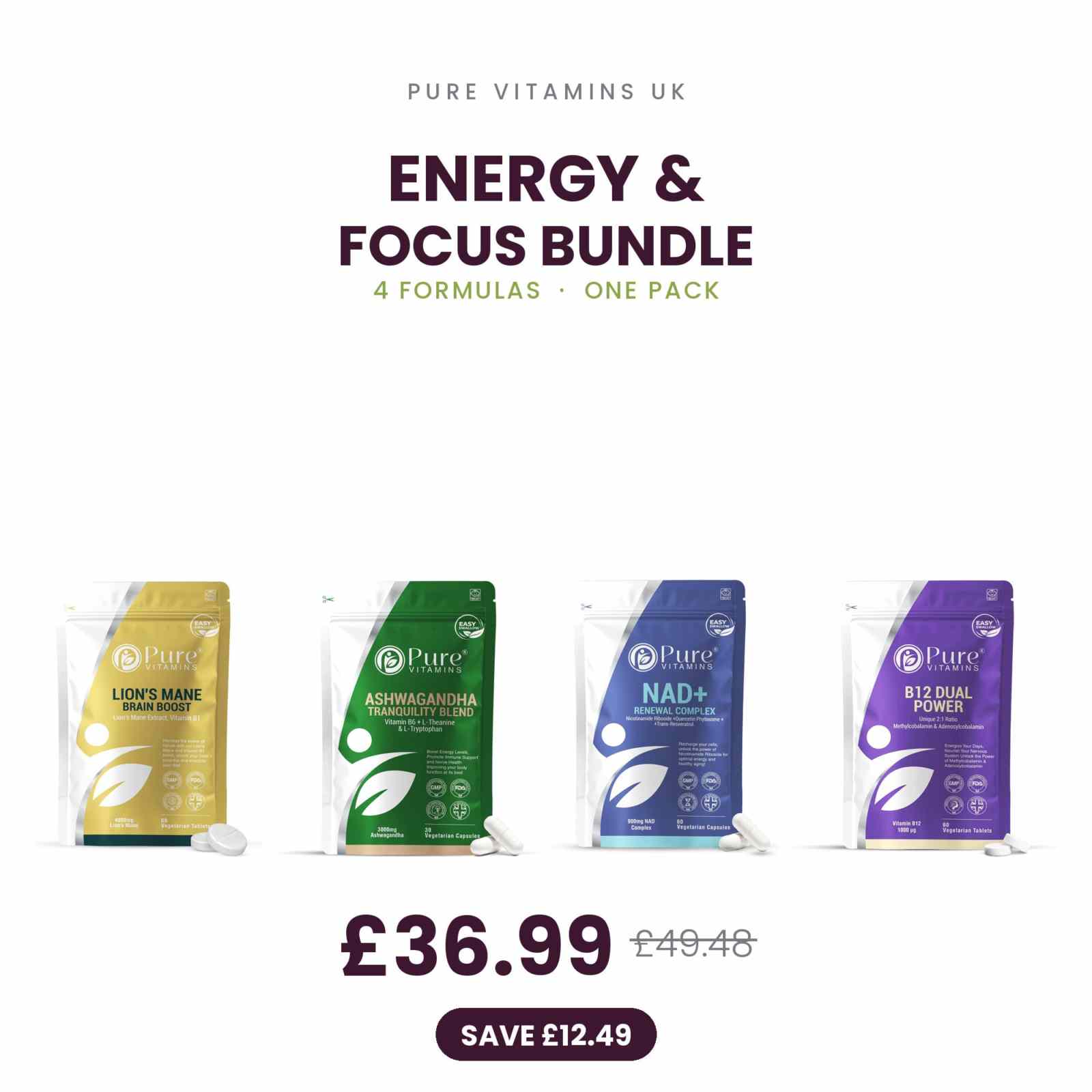 Energy & Focus Bundle by Pure Vitamins UK: Lion's Mane, Ashwagandha KSM-66, NAD+ and Vitamin B12 pouches, £36.99 saving £12.49