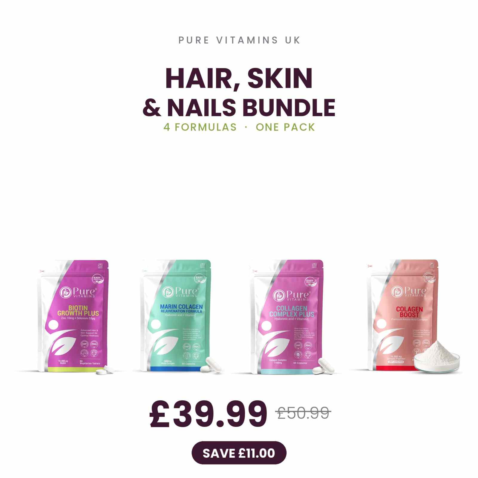 Hair, Skin & Nails Bundle by Pure Vitamins UK: Biotin Zinc Selenium, Marine Collagen, Bovine Collagen and Collagen Peptides Powder, £39.99 saving £11.00