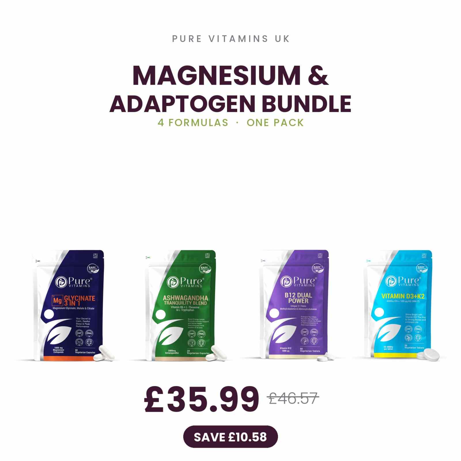 Magnesium Glycinate and adaptogen supplement bundle with Ashwagandha KSM-66, Vitamin B12, and Vitamin D3+K2 by Pure Vitamins UK