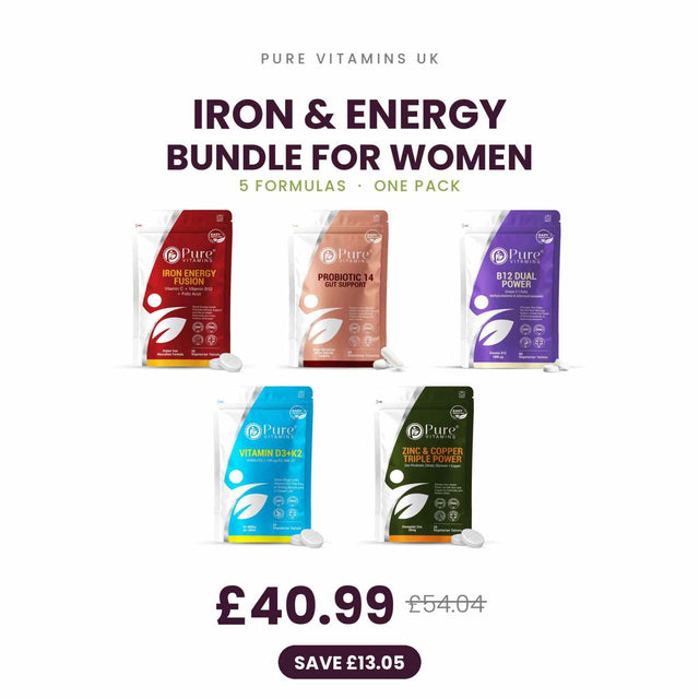 Pure Vitamins UK Iron & Energy Bundle for Women with iron, B12, folic acid, vitamin D3+K2, zinc, and probiotic supplements
